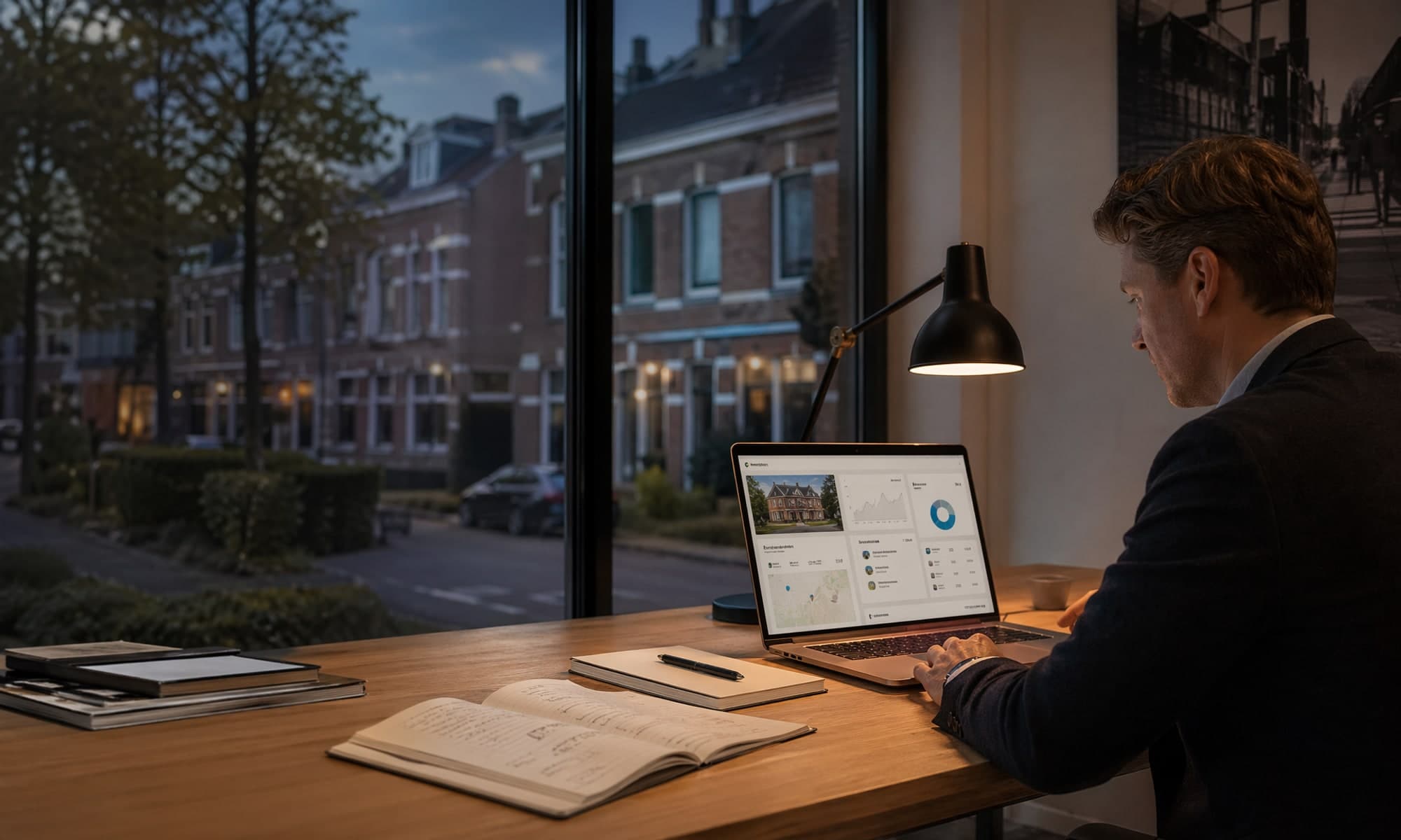 Makelaar bekijkt website-data en leadroutes in een kantoor
