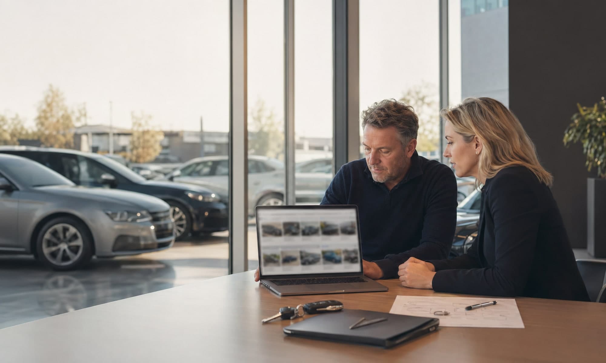 Occasion dealer showroom met digitale voorraadpresentatie