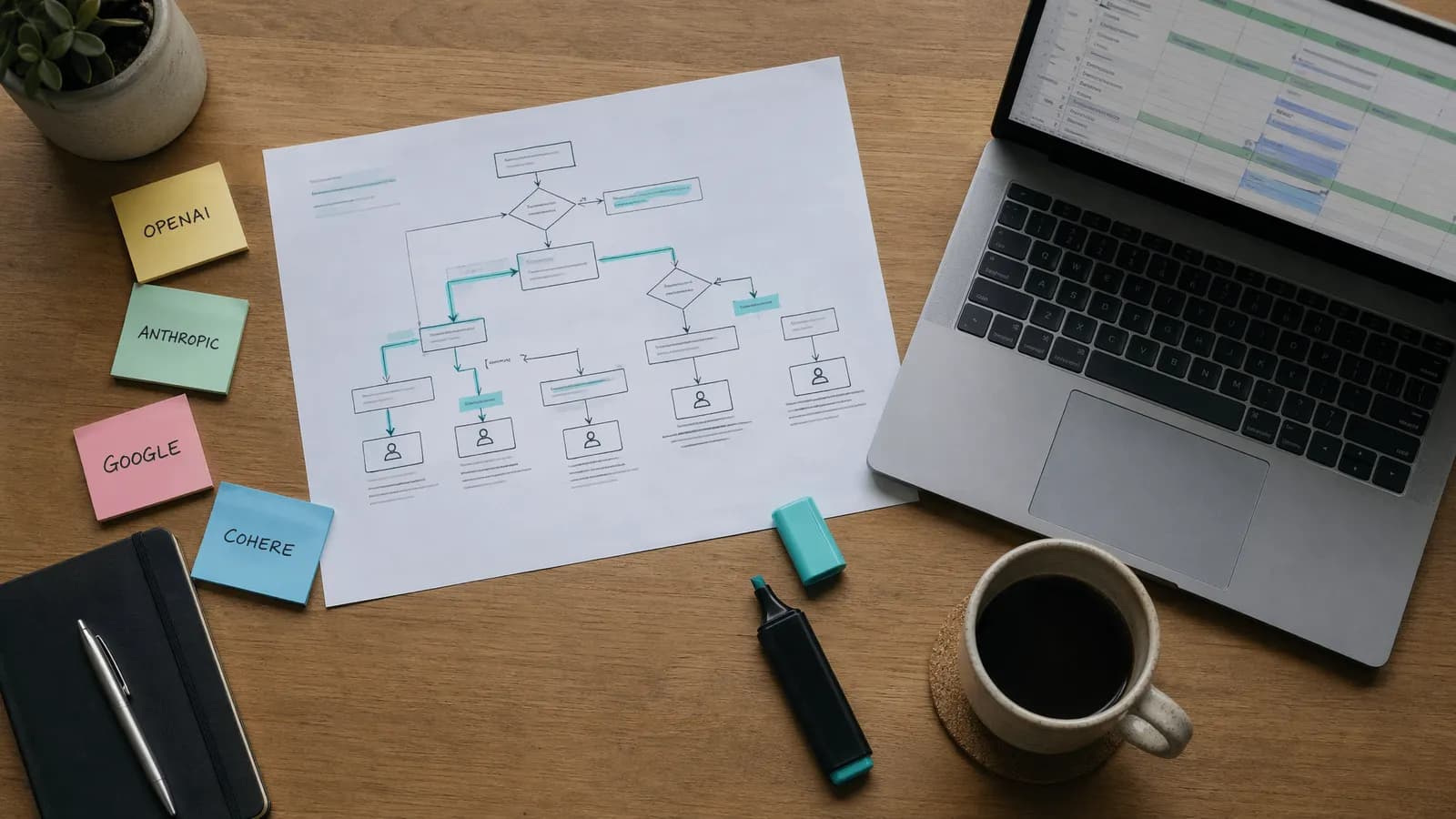 Ontwikkelaarsbureau met beslisboom voor AI-provider keuze, sticky notes en kostencalculator spreadsheet.