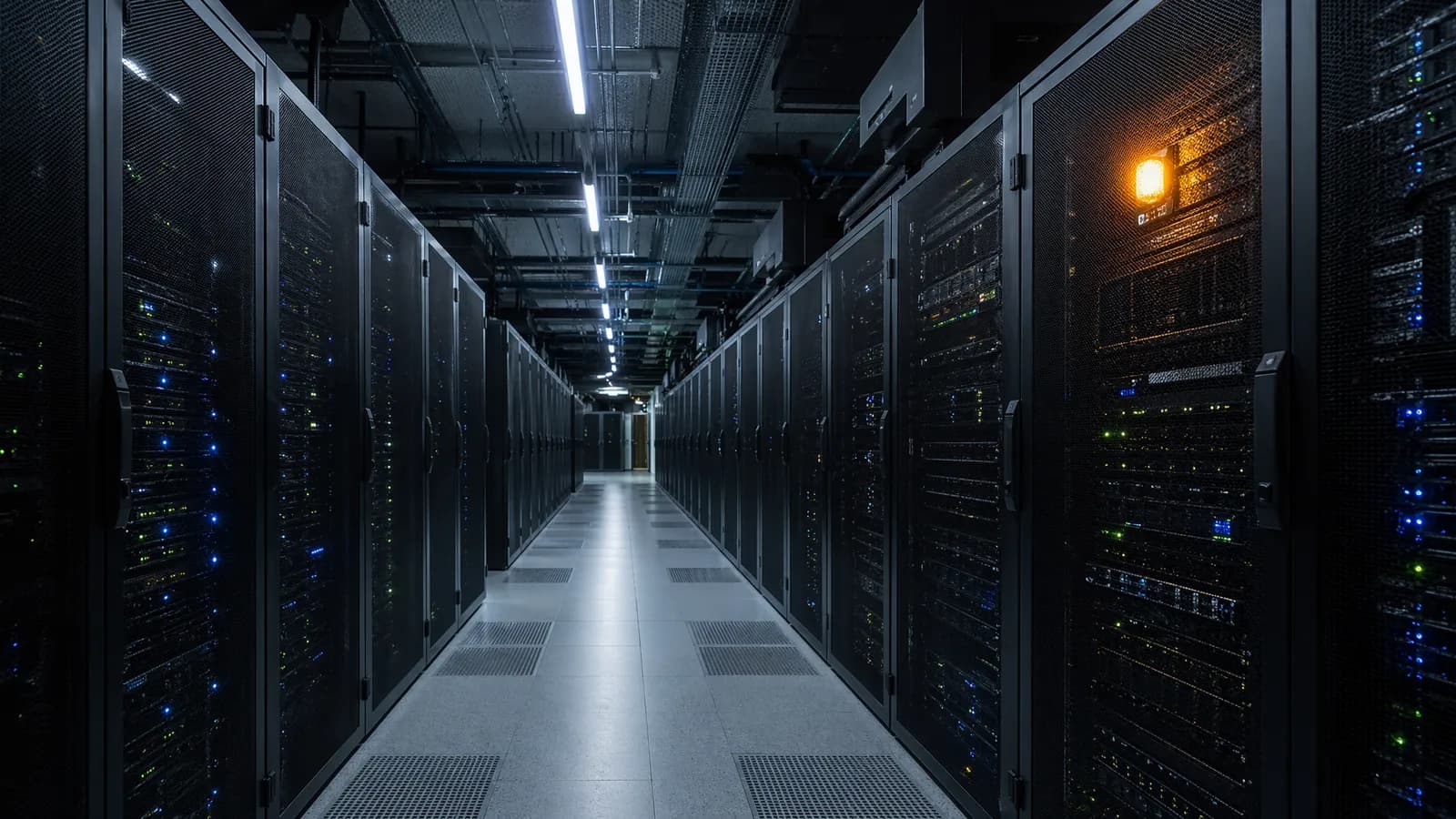 Serverruimte in Nederlands datacenter met rijen racks, één rack toont oranje waarschuwingslamp.