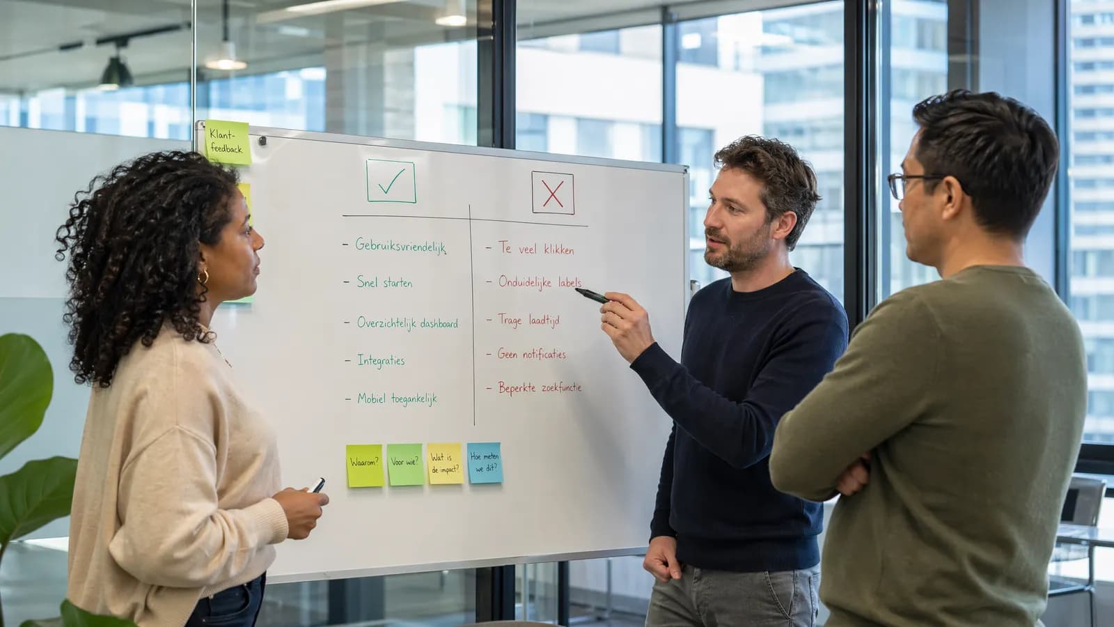 Productteam in vergaderruimte bespreekt voor- en nadelen van AI-leverancierskeuze bij whiteboard.