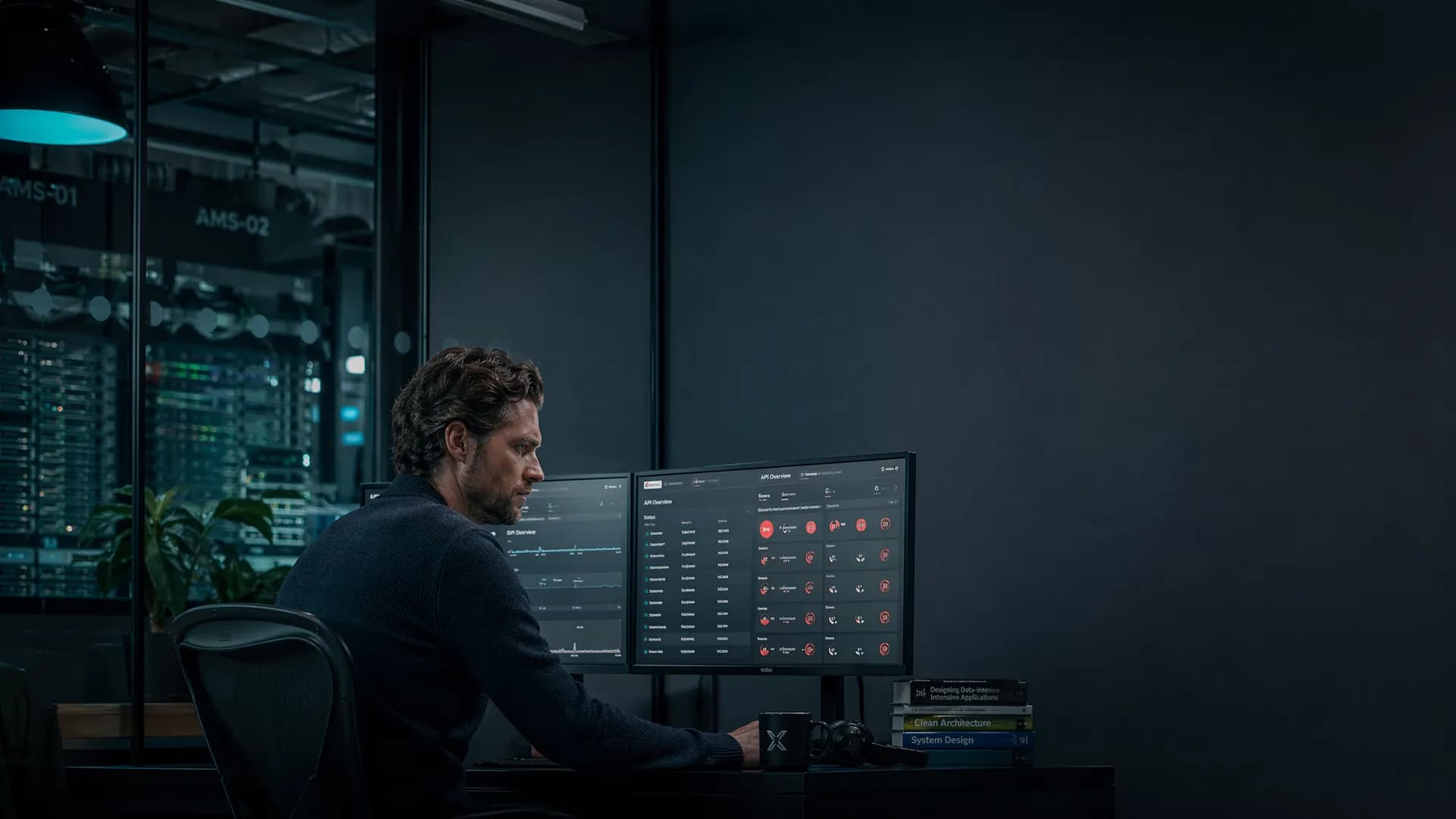 Nederlandse software-engineer bekijkt API-statusdashboard met rode waarschuwingen op meerdere monitoren in modern tech-kantoor Amsterdam.