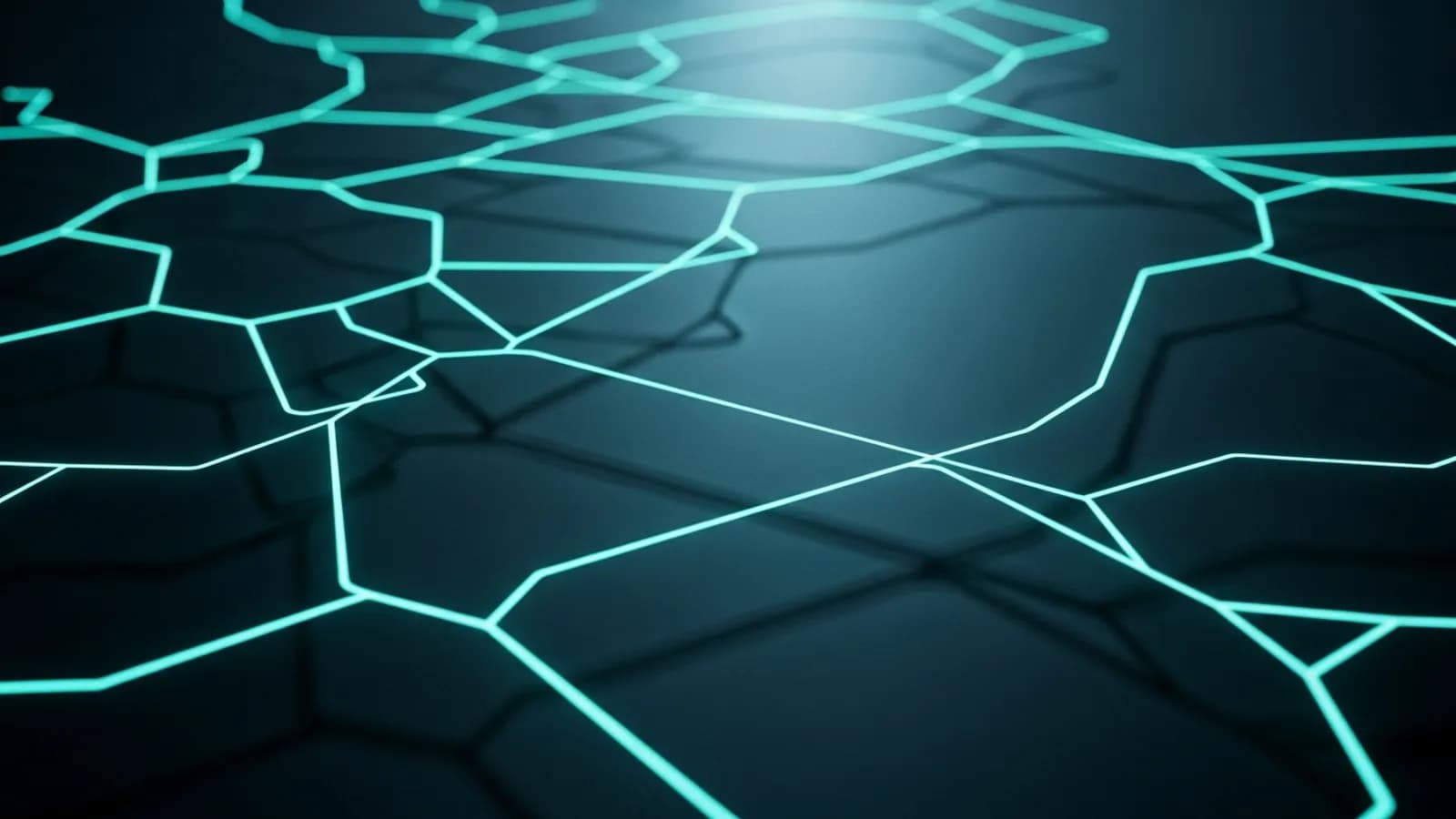 Abstracte visualisatie van benchmark-grafieken als gloeiende teal databalken in donkere studioruimte.