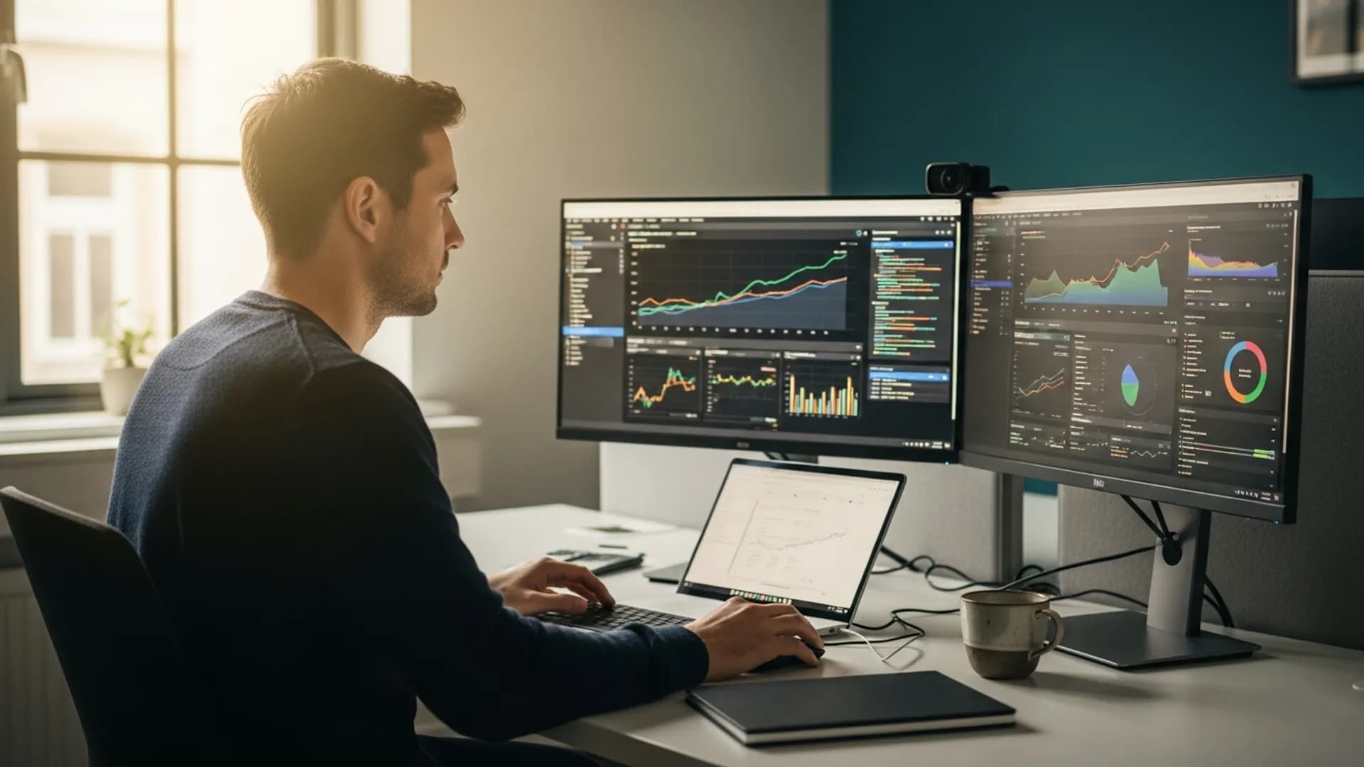 Nederlandse B2B-professional analyseert AI-modelprestatiedata op groot scherm in modern kantoor in Amsterdam.
