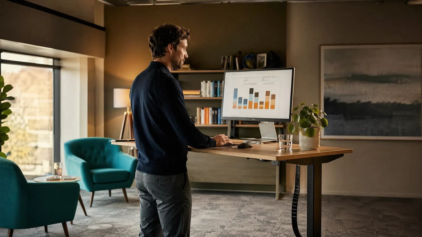B2B-marketeer bij sta-bureau analyseert budgetverdeling op monitor in modern kantoor.