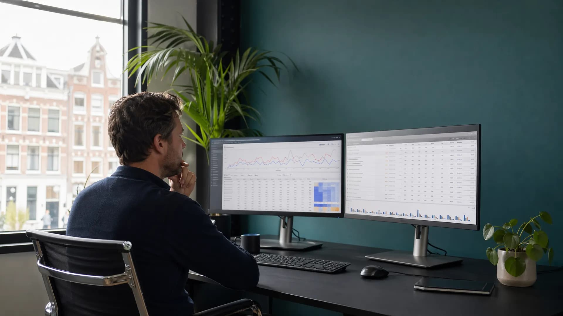 B2B-marketeer analyseert Google Ads-campagnedata op dubbele monitoren in modern kantoor in Amsterdam.