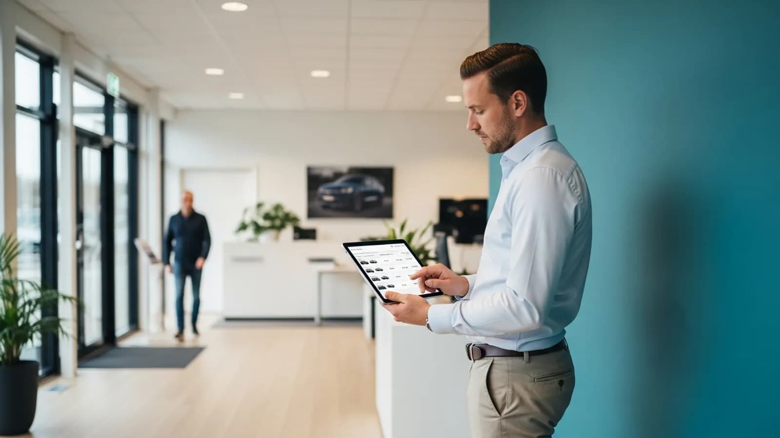 Occasiondealer bekijkt voorraaddata op tablet terwijl klant showroom binnenloopt.
