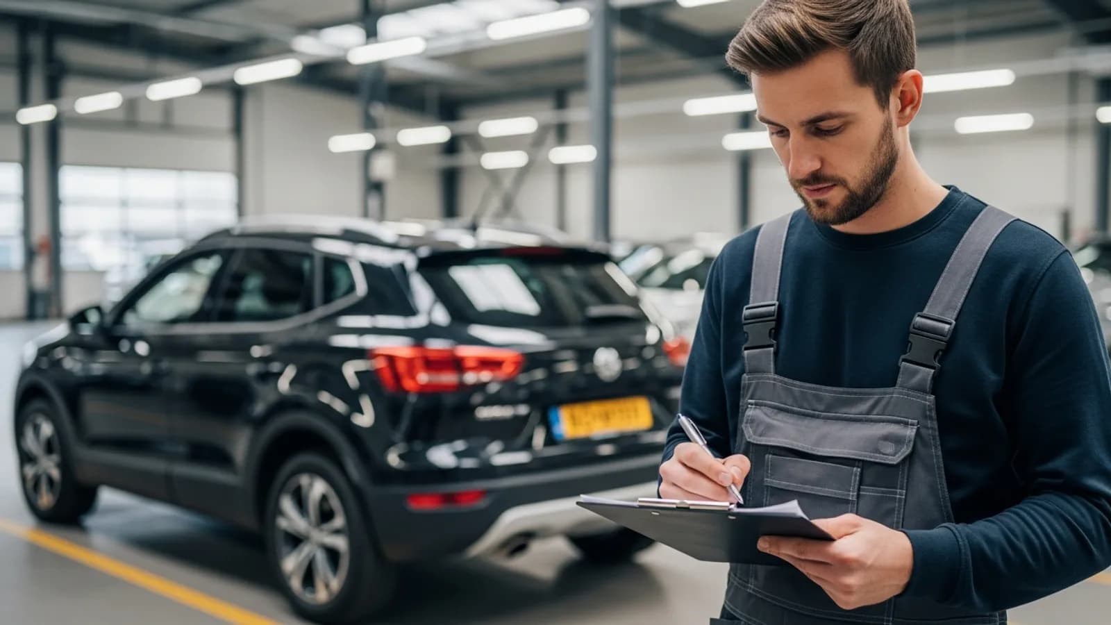 Logistiek medewerker voert pre-delivery inspectie uit op gebruikte SUV in groothandeldepot.