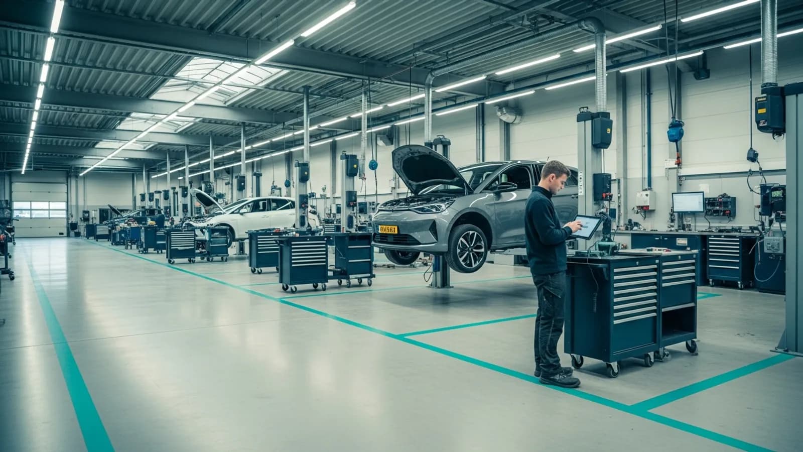 Technicus inspecteert gebruikte elektrische auto op hefbrug in Nederlandse dealerwerkplaats.