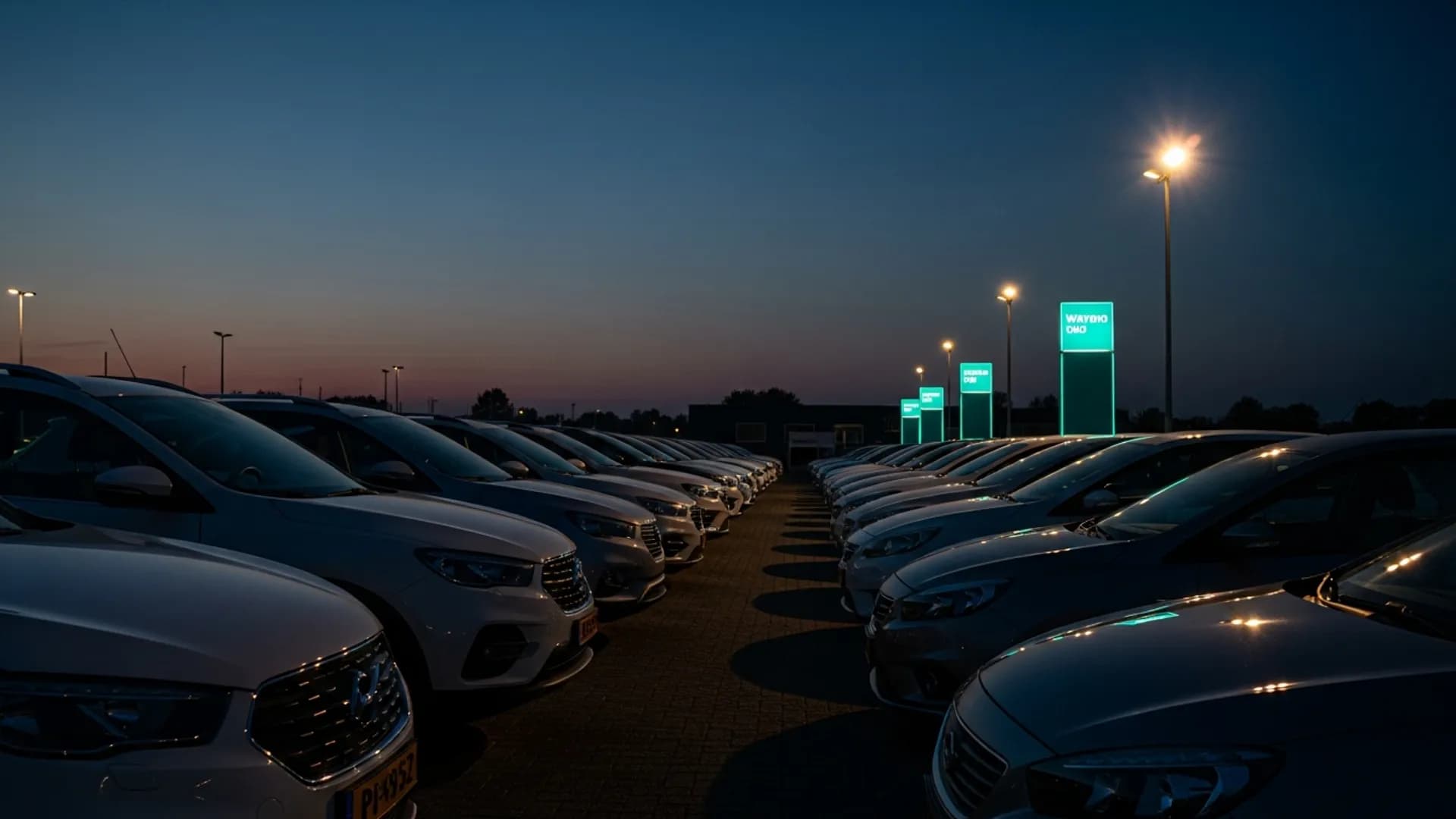 Autogroothandel buitenterrein met rijen dealerkwaliteit occasions klaar voor levering aan merkdealers.