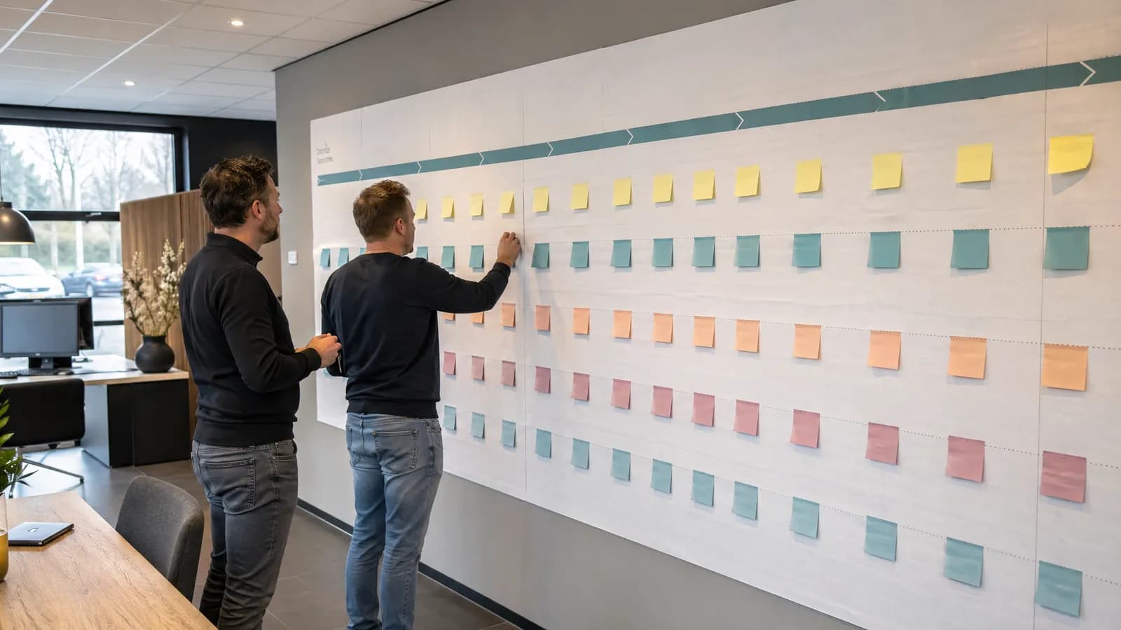 Service blueprint voor automotive klantreis op kantoorwand.