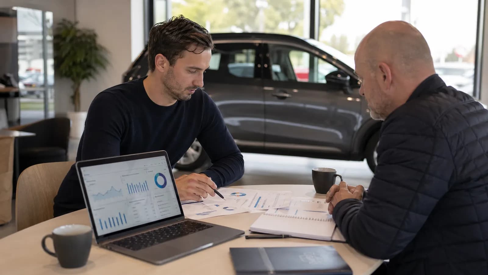 Dealer en marketeer bekijken analytics en CRM-notities in showroom.