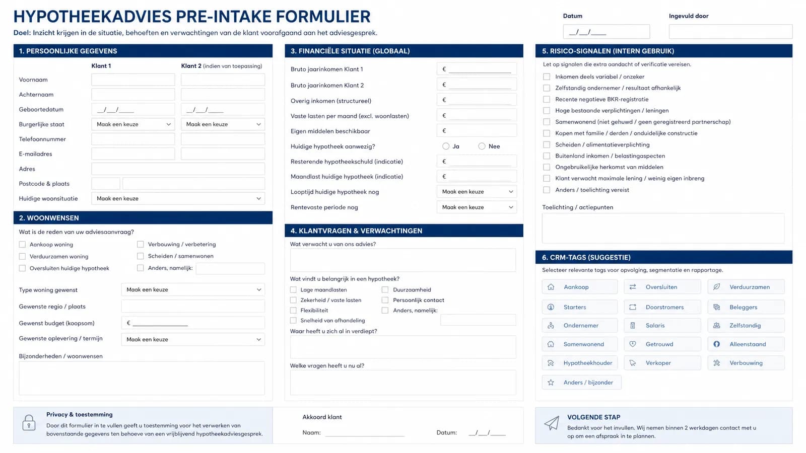 Pre-intake formulier voor hypotheekadviseurs