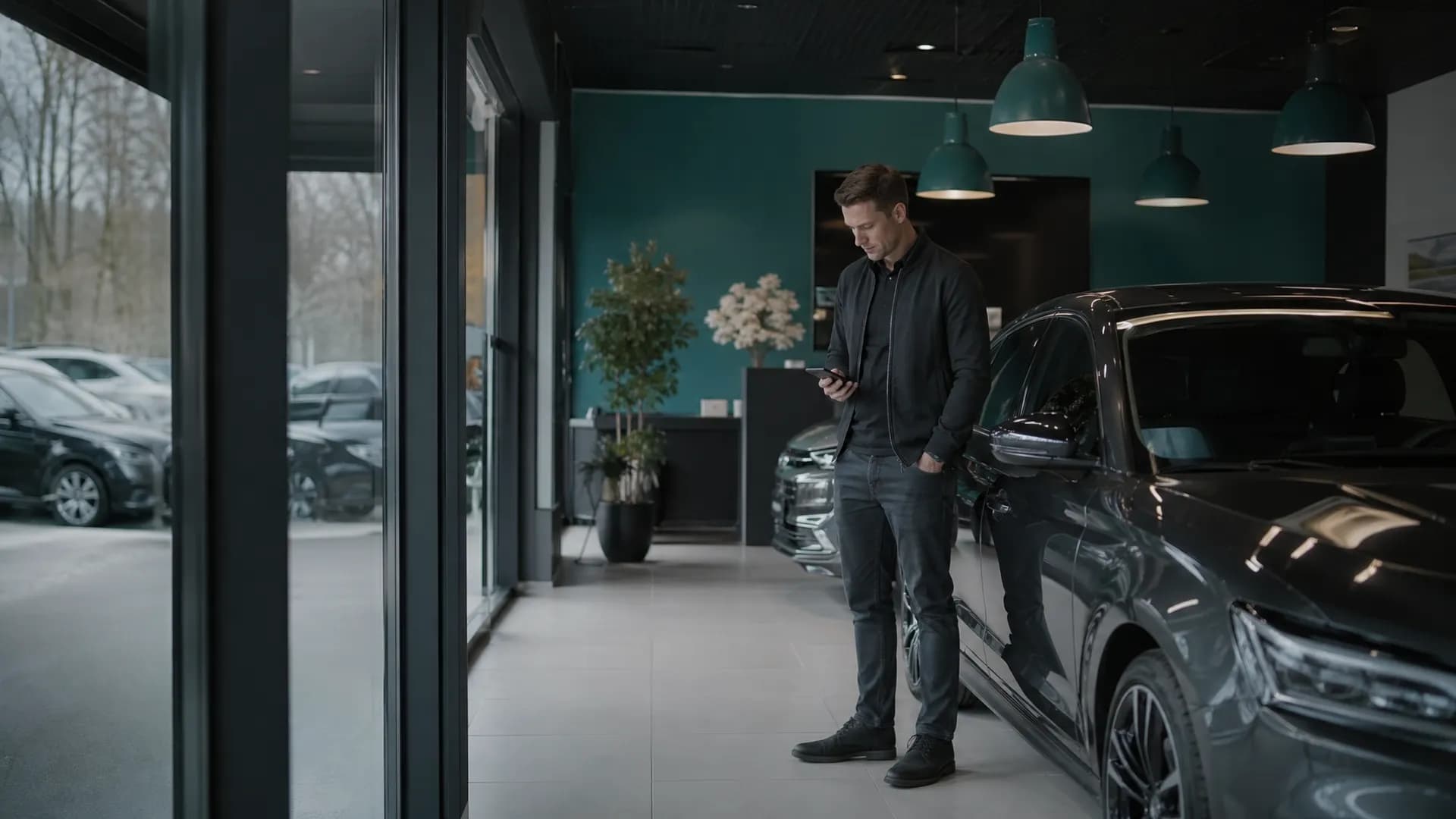 Autoverkoper bekijkt chatbericht in stille showroom op zondag.