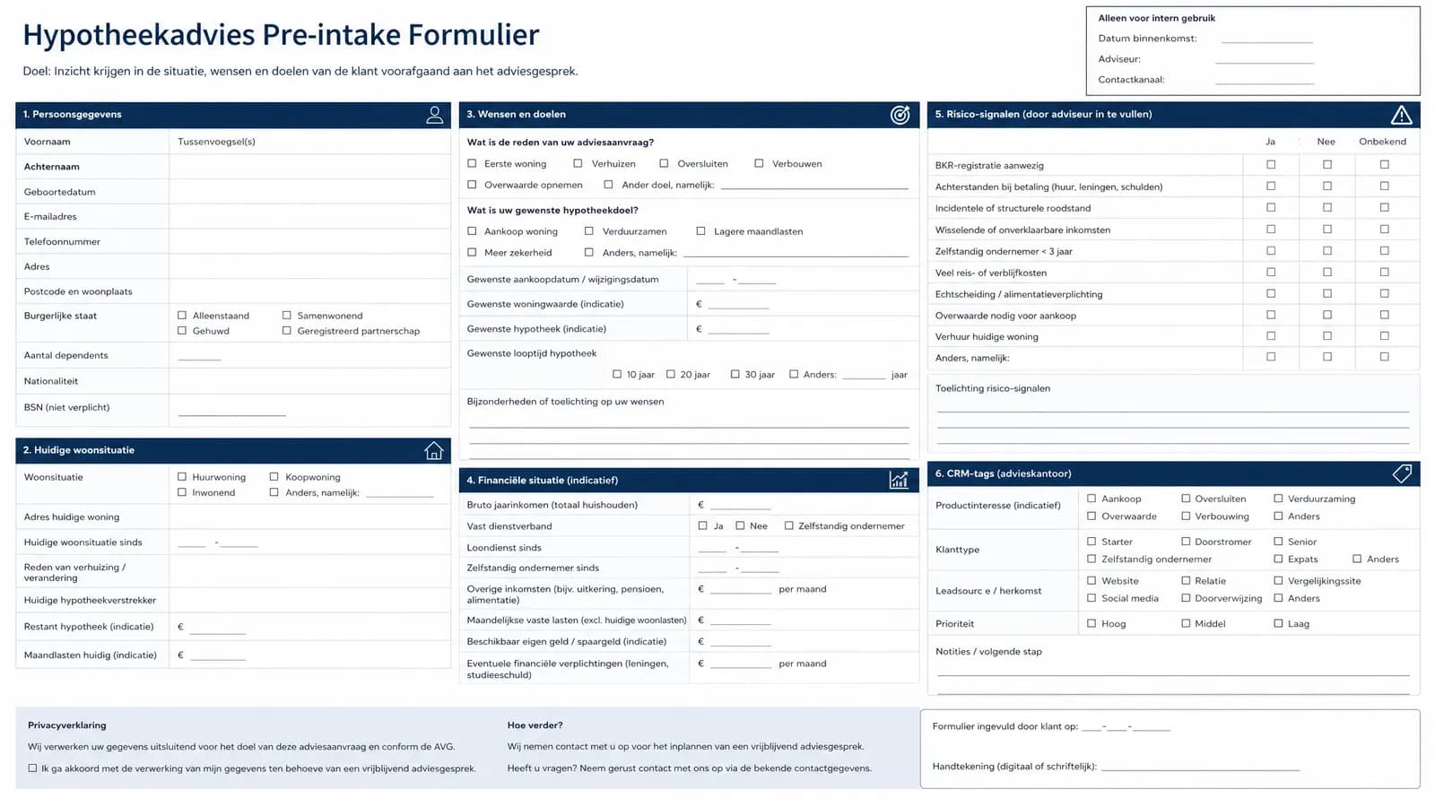 Pre-intake formulier voor hypotheekadviseurs