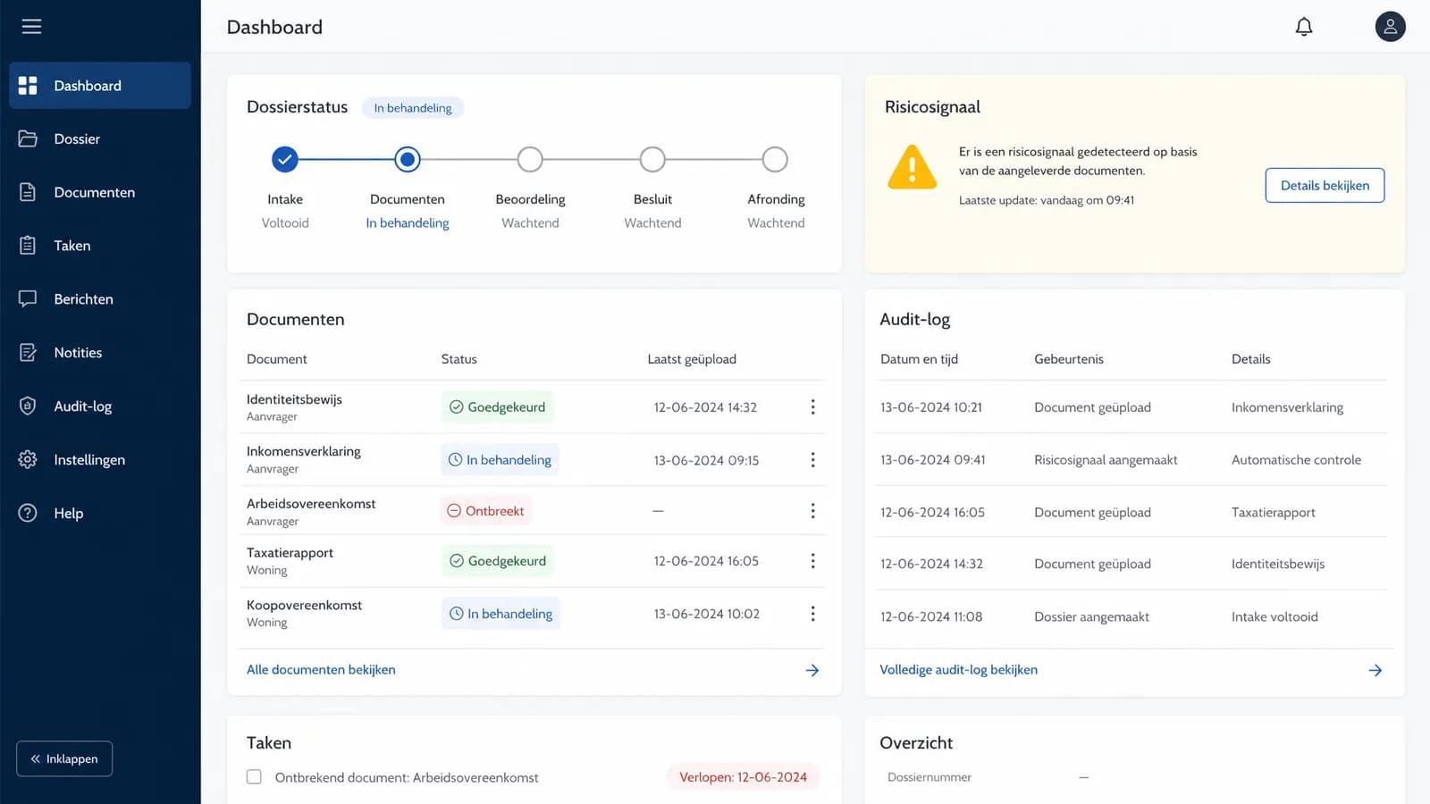 Klantportaal met documentstatus en audit-log voor funderingsrisico