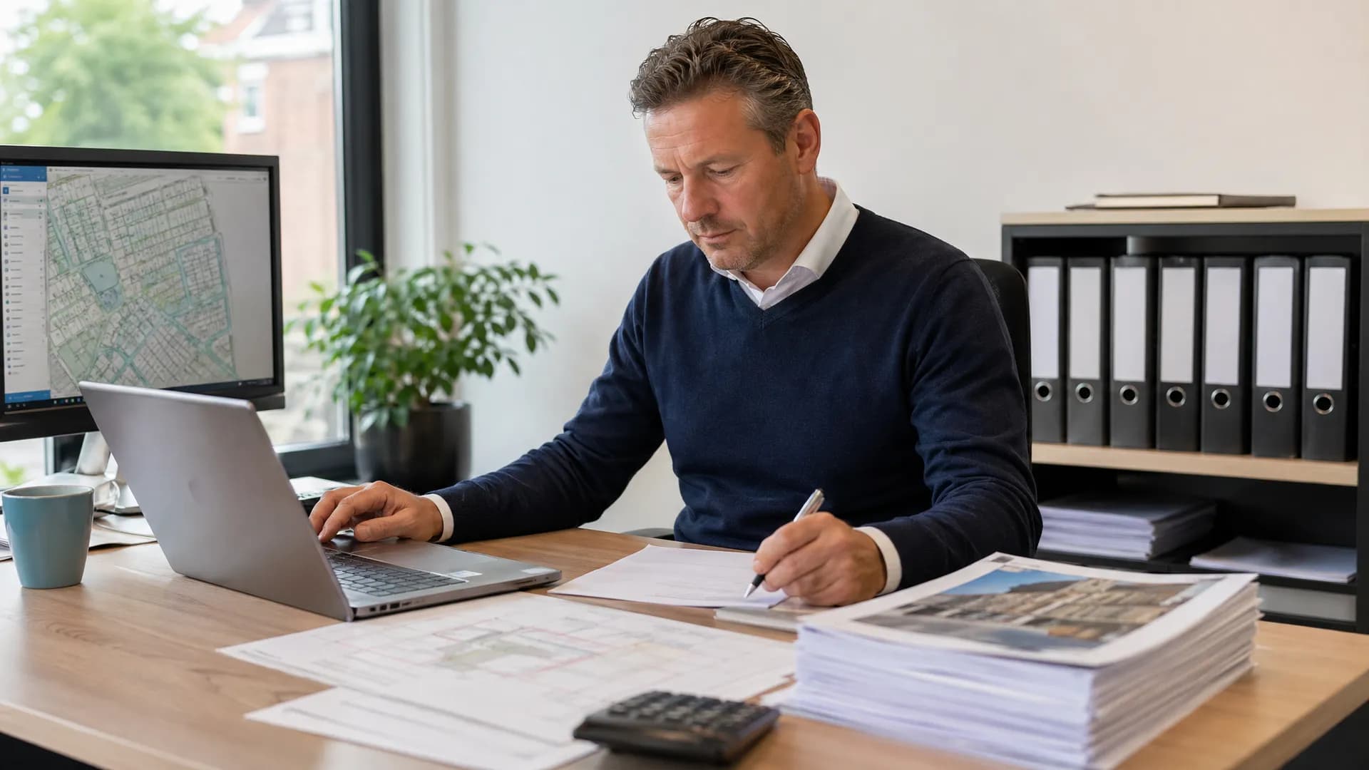 Taxateur organiseert objectdata en taxatiedossier op laptop