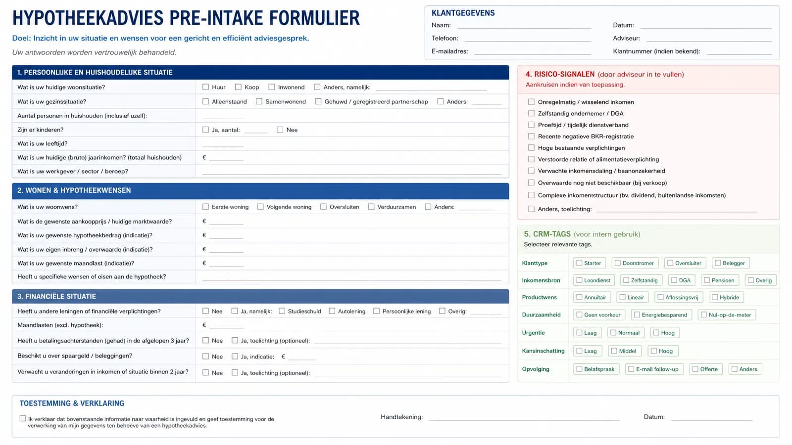 Pre-intake formulier voor hypotheekadviseurs