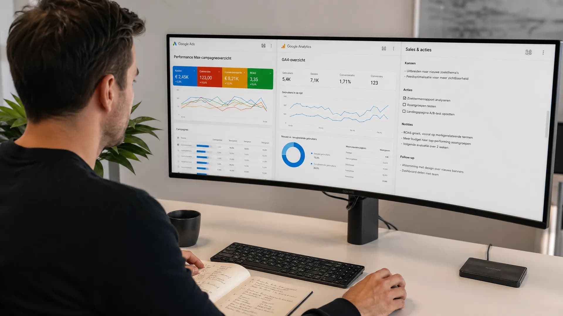 Performance Max dashboard naast GA4 en salesdata