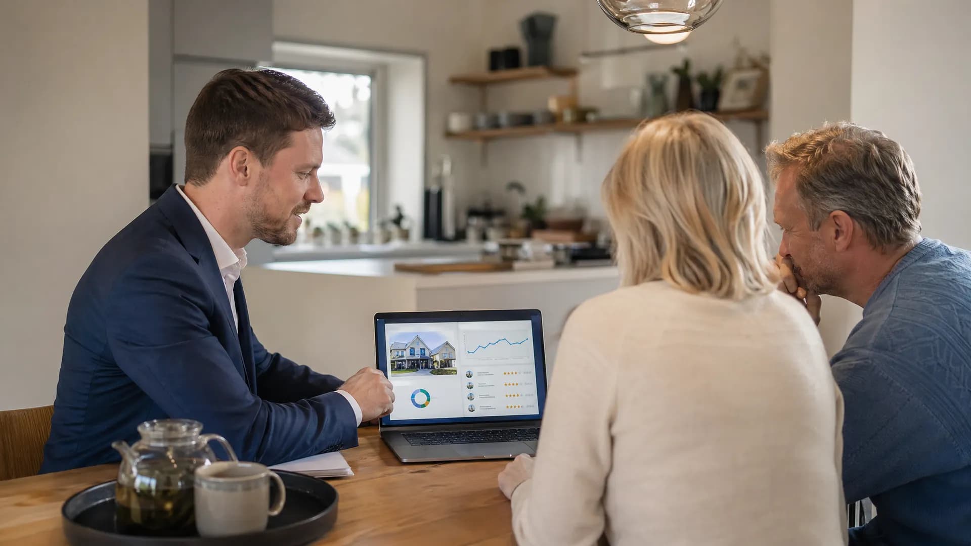 Makelaar bespreekt woningdata en klantreis met verkopers aan de keukentafel.