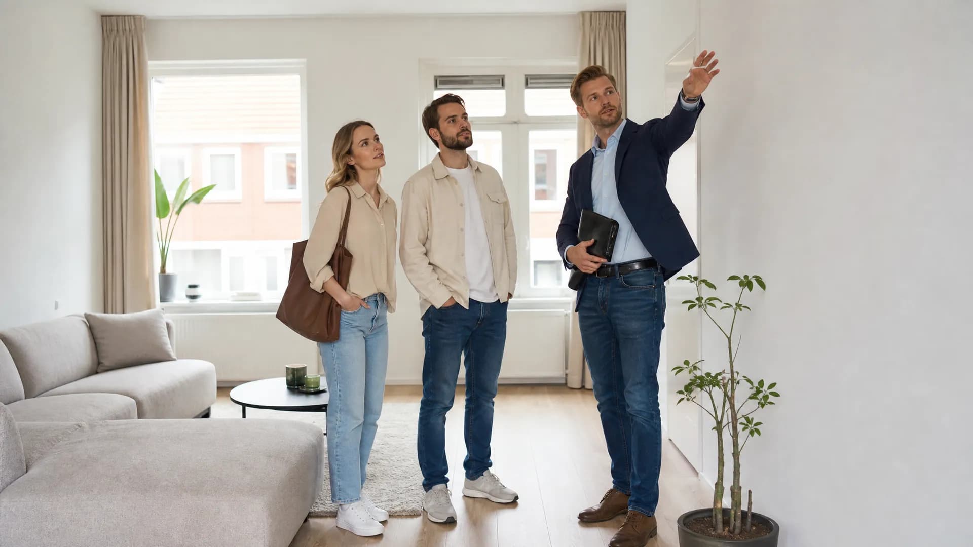 Aankoopmakelaar begeleidt starters tijdens een woningbezichtiging