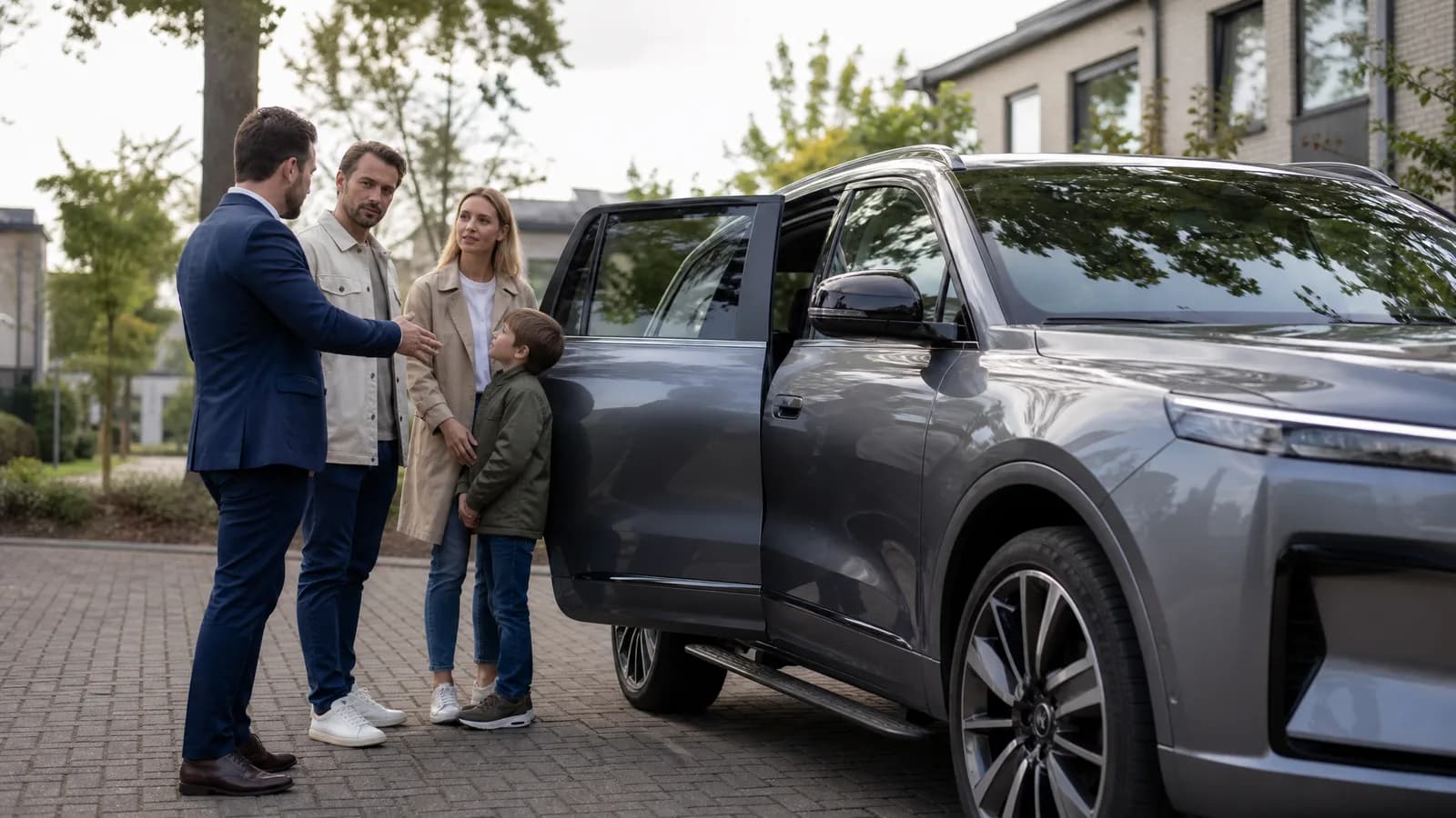Verkoper bespreekt dagelijks gebruik van een grote SUV met een gezin