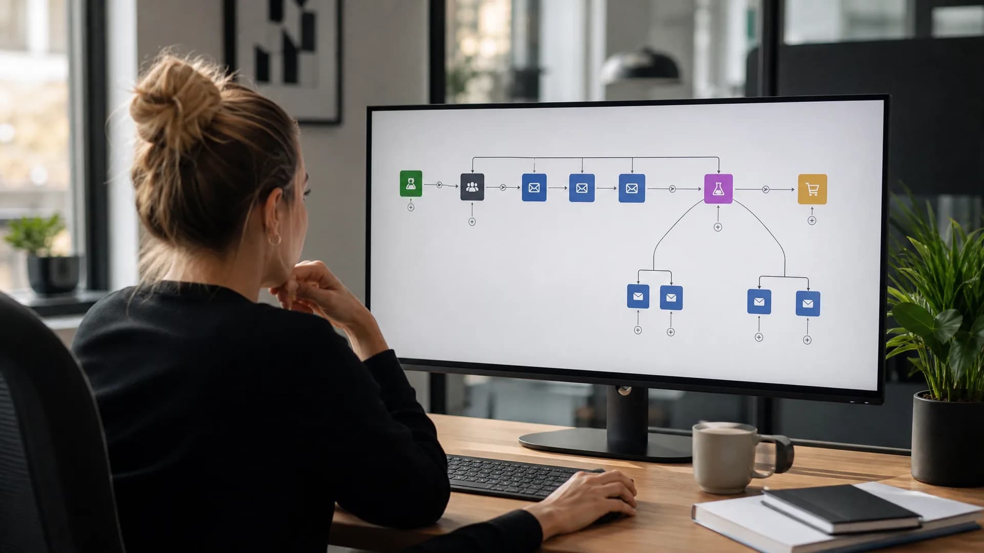 E-mailmarketeer controleert een AI-ondersteunde automationflow voor campagnes en nurture e-mails.