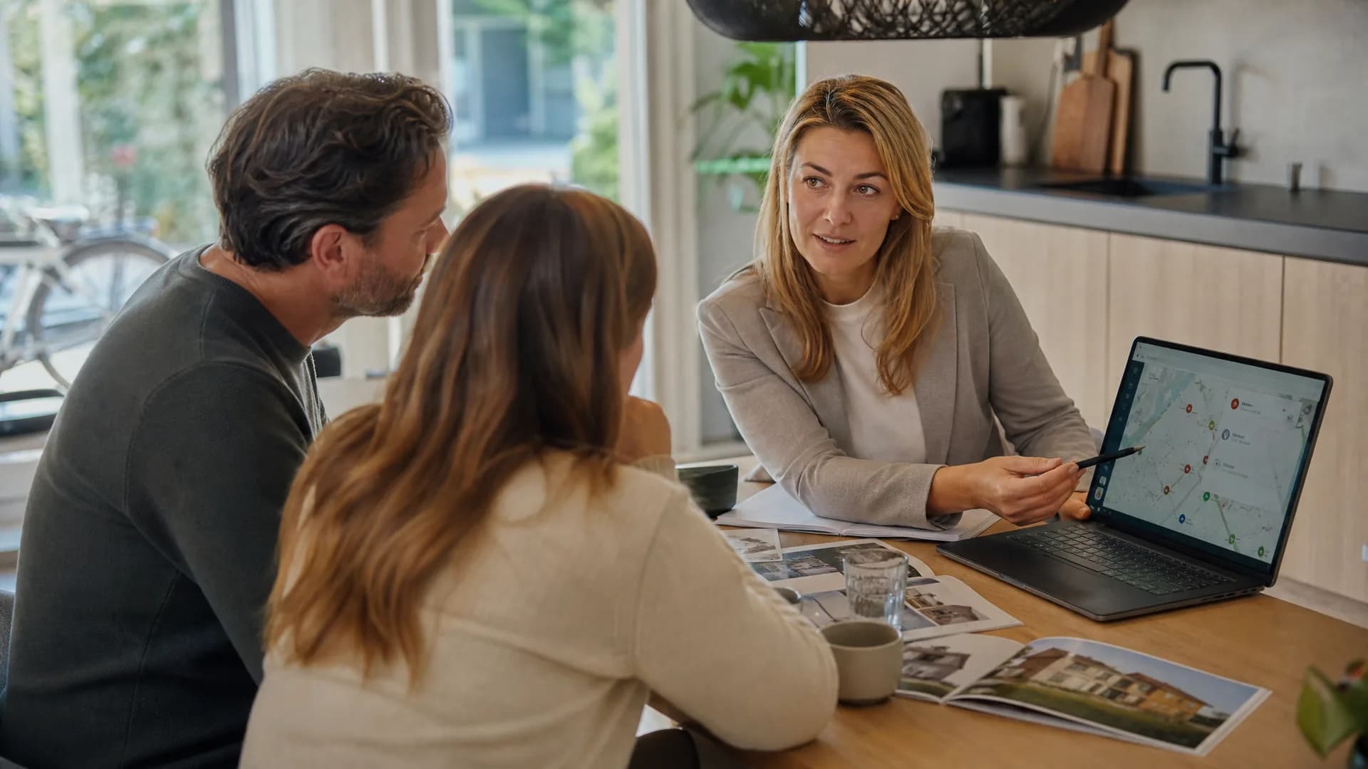 Aankoopmakelaar bespreekt buurtonderzoek met kopers aan tafel