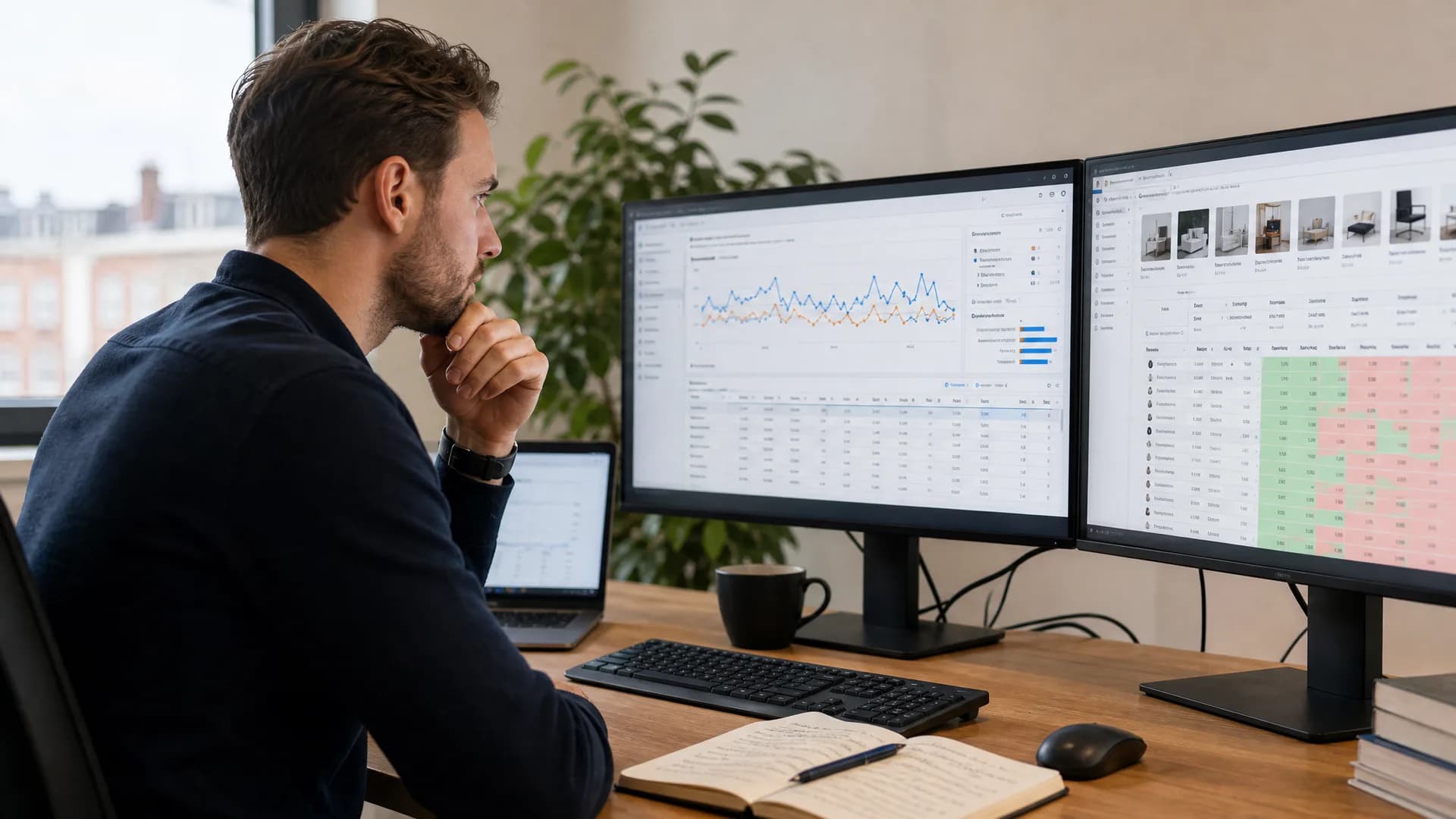 E-commerce marketeer analyseert Google Ads en productfeed voordat budget wordt opgeschaald