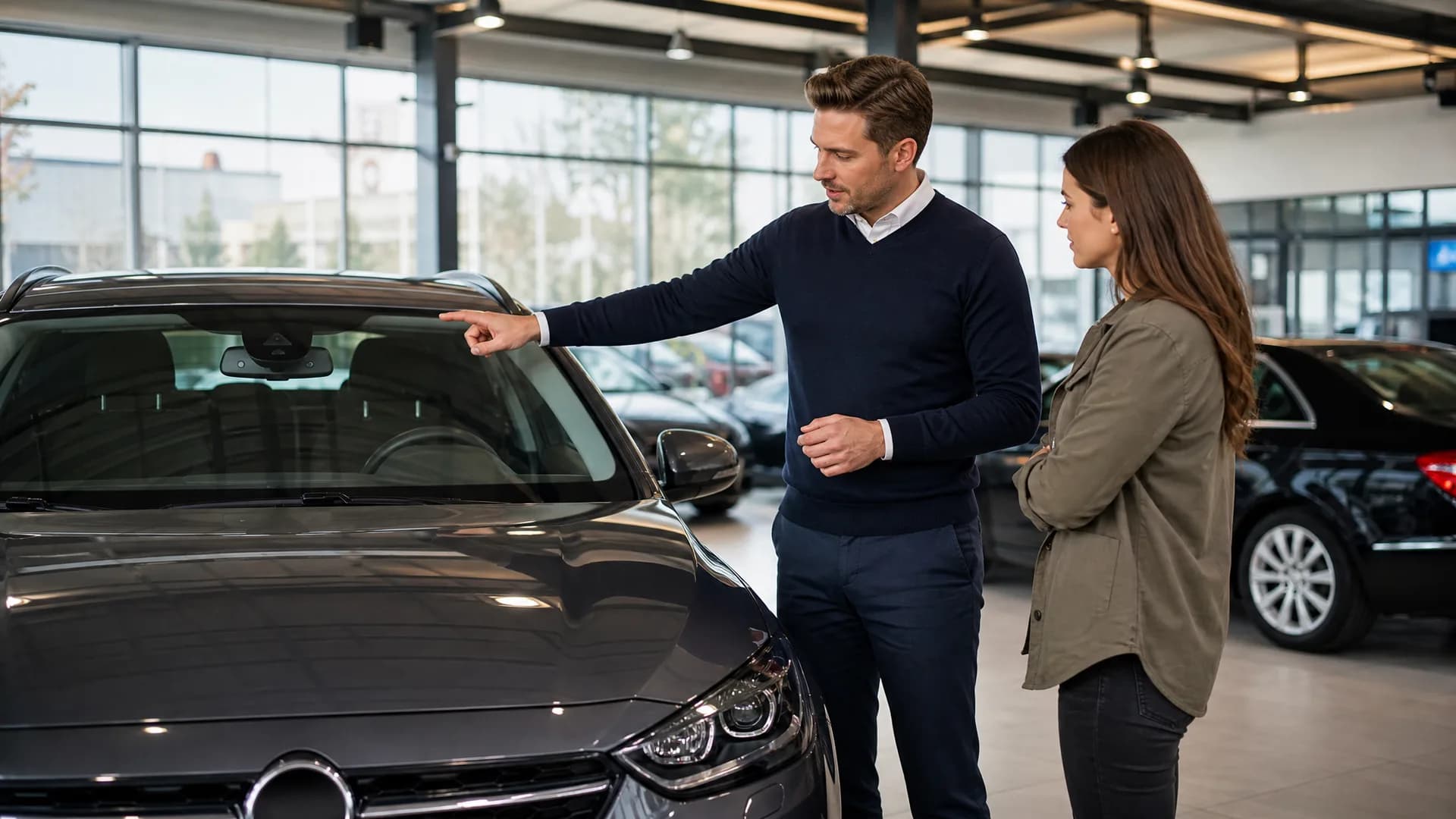 Occasionverkoper legt rijhulpsystemen uit bij een gebruikte auto