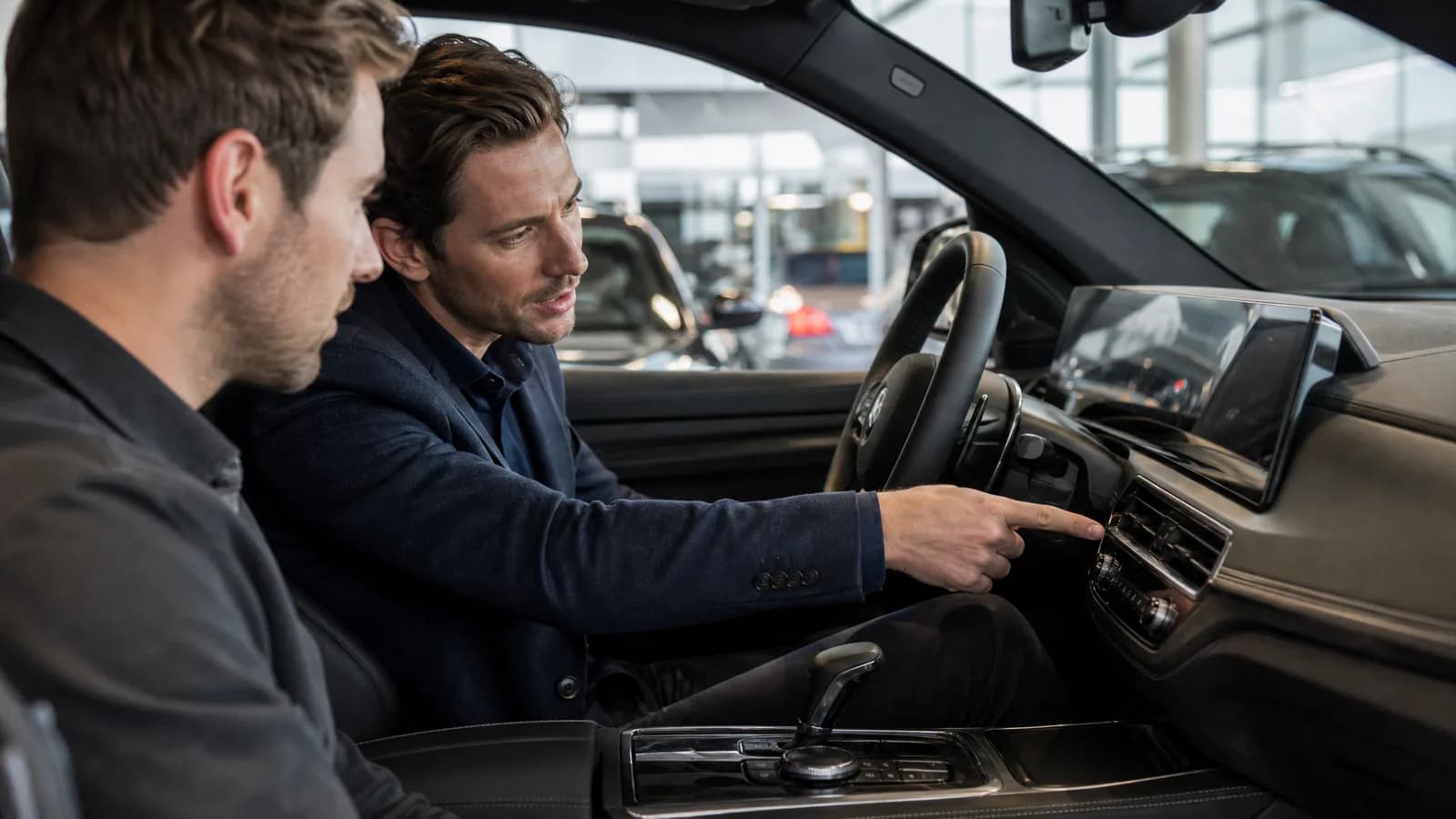 Verkoper laat materiaalstaat en bedieningslogica van een premium occasion zien