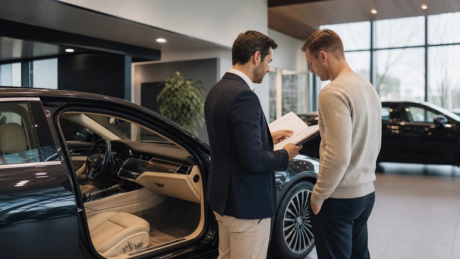 Occasiondealer bespreekt interieur en onderhoudsdossier van een premium occasion met een klant