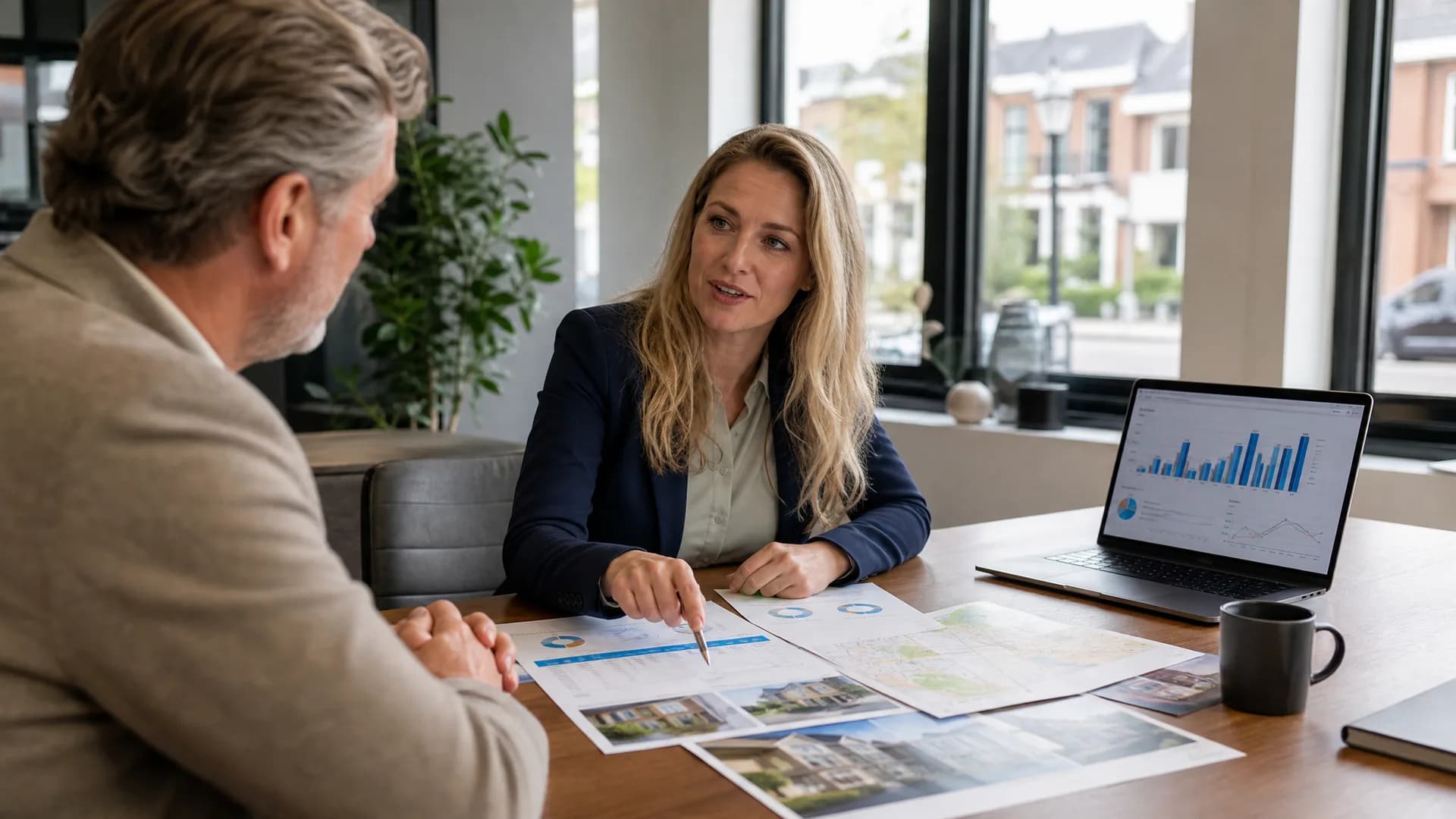 Makelaar bespreekt actuele woningmarktcijfers en verkoopstrategie met verkoper