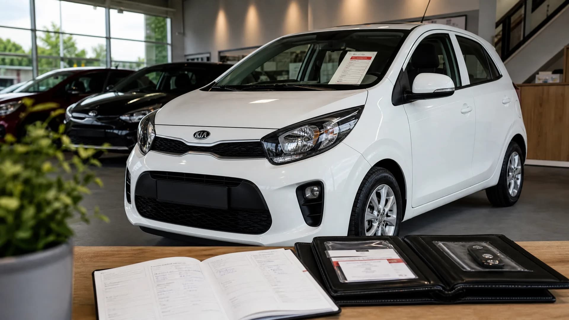 Kia Picanto occasion in een Nederlandse showroom met onderhoudsdocumentatie zichtbaar