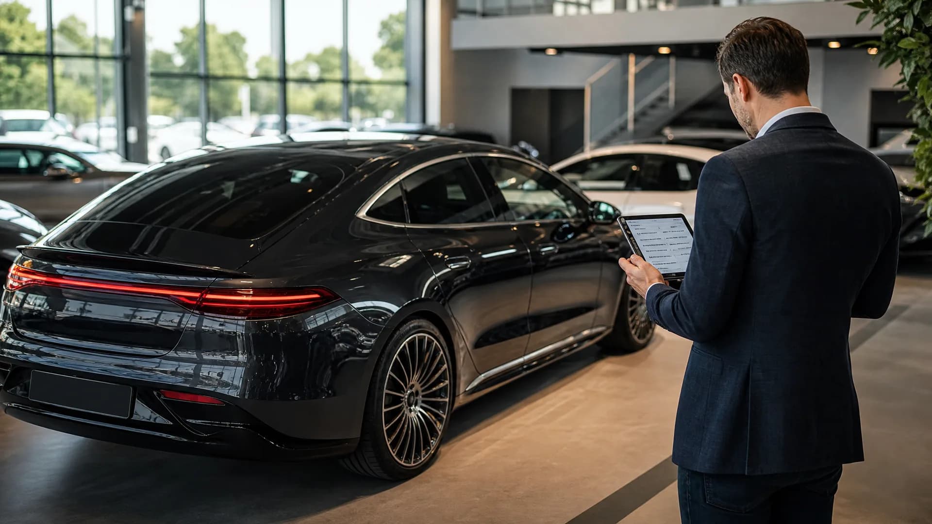 Occasiondealer beoordeelt een premium elektrische coupé in de showroom