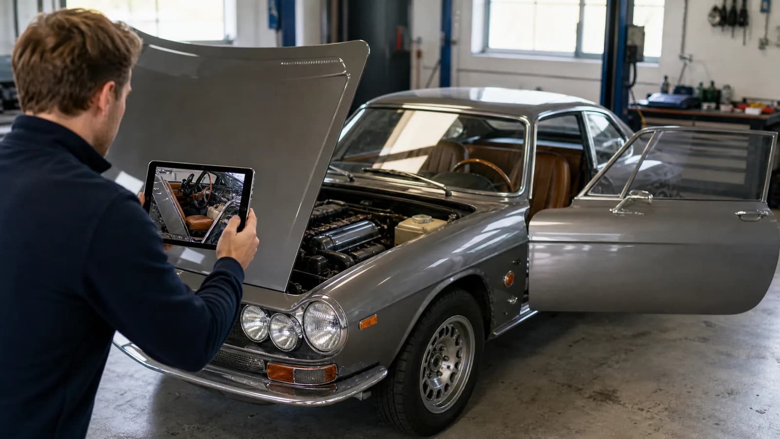 Dealer fotografeert detailpunten van een liefhebbersauto voor een transparante advertentie