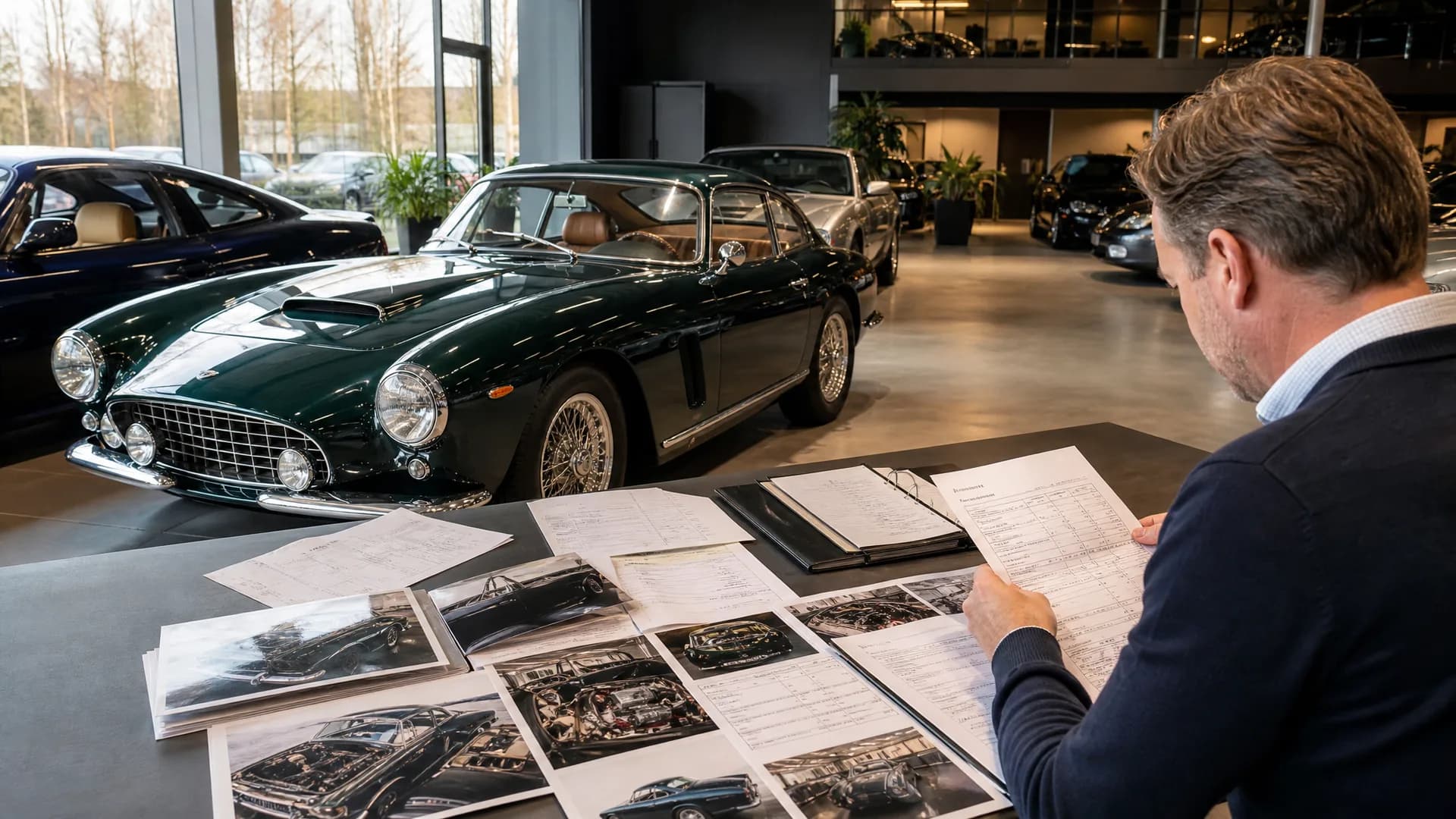 Occasiondealer beoordeelt een bijzondere liefhebbersauto met documentatie en taxatiedossier