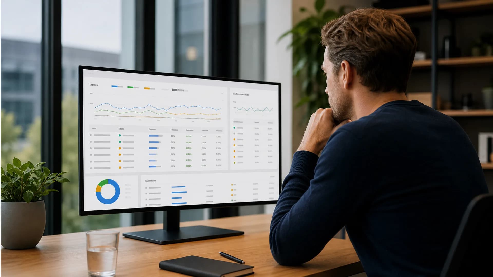 Marketingmanager analyseert leadkwaliteit in Google Ads voordat Performance Max wordt opgeschaald