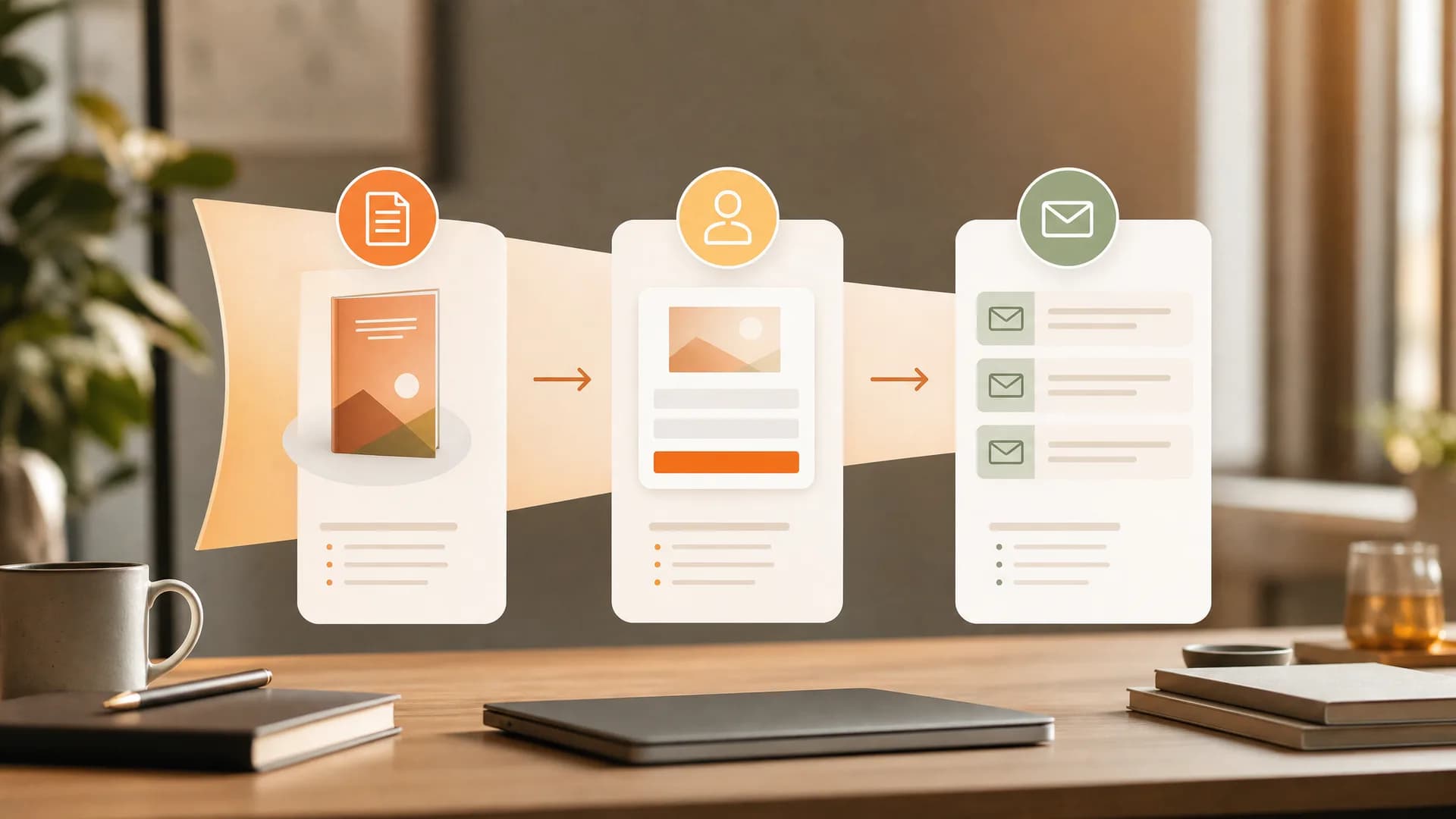 Schematische weergave van een nieuwsbrief-funnel met lead magnet, opt-inpagina en welcome sequence