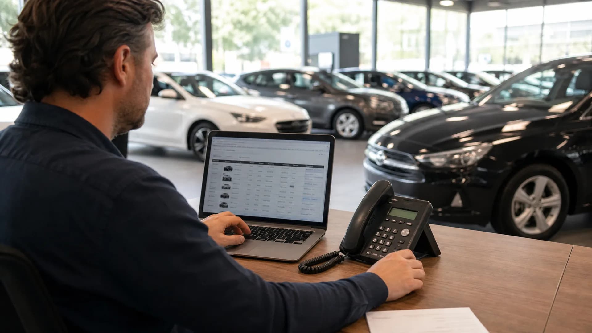 Occasiondealer controleert voorraaddata en telefonische leads in de showroom