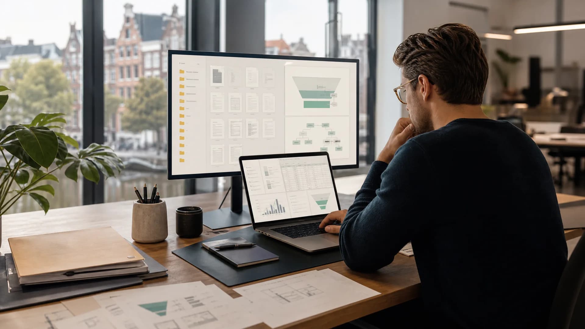 AI-operator werkt met een overzichtelijke werkmap vol contextbestanden