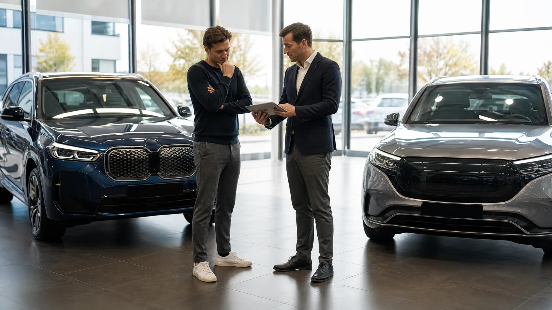 Occasiondealer bespreekt twee jonge premium elektrische SUV occasions met een klant