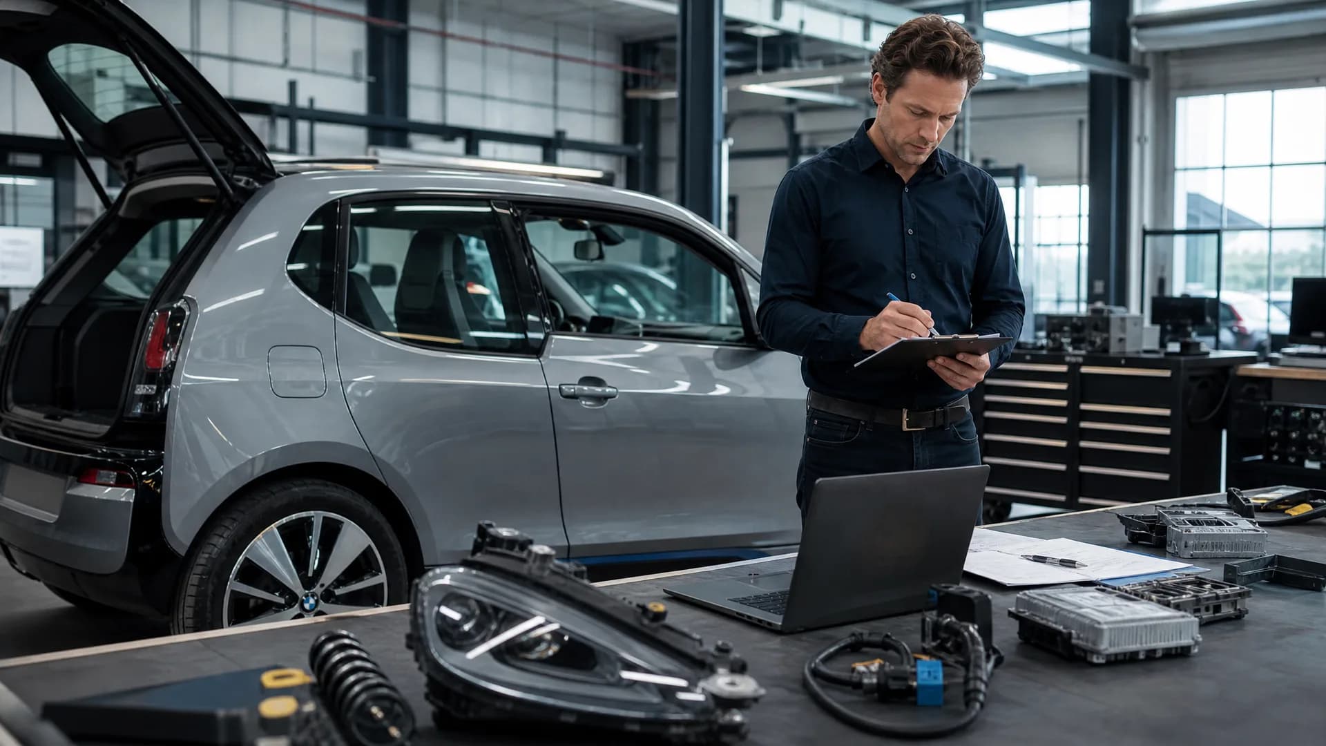 Occasiondealer controleert een compacte elektrische occasion voor verkoop en retrofit-documentatie