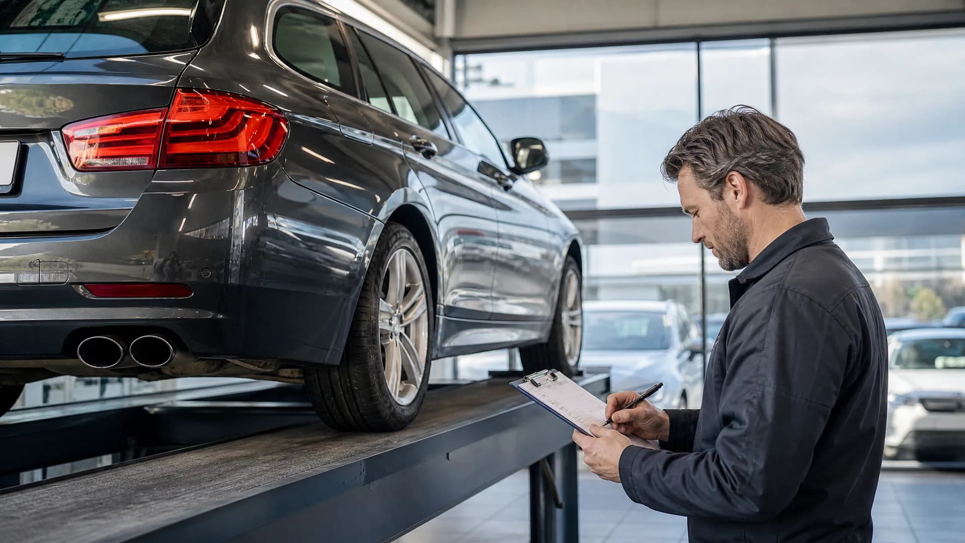 Occasiondealer controleert een oudere diesel met hoge kilometerstand op de brug
