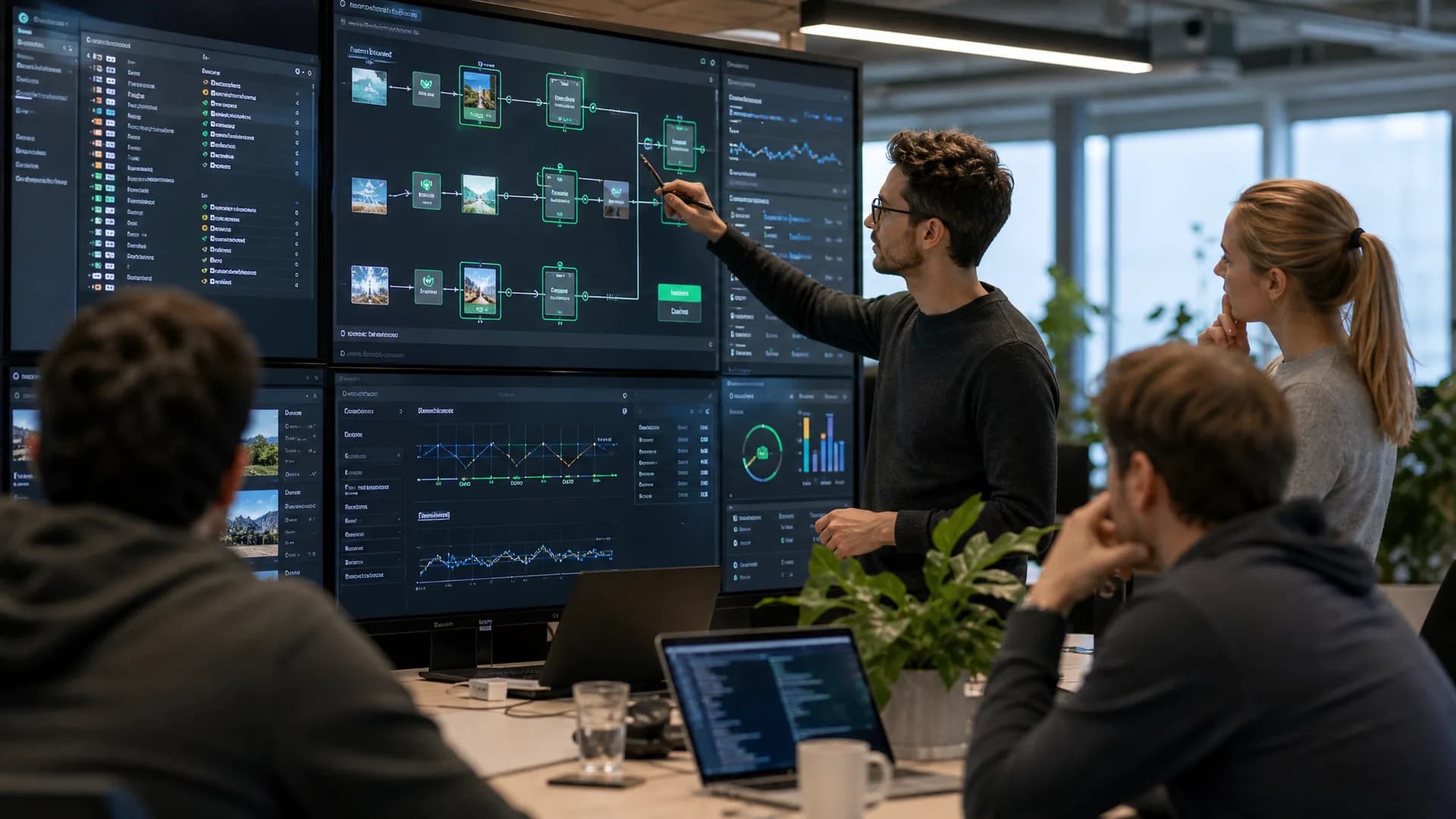 AI-team bekijkt de bouwstraat achter video-AI met datastromen en evaluaties.