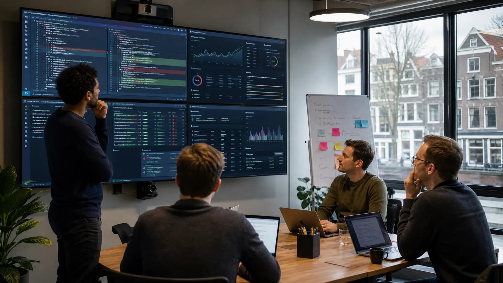 AI-team controleert gegenereerde code en testresultaten in een engineeringruimte