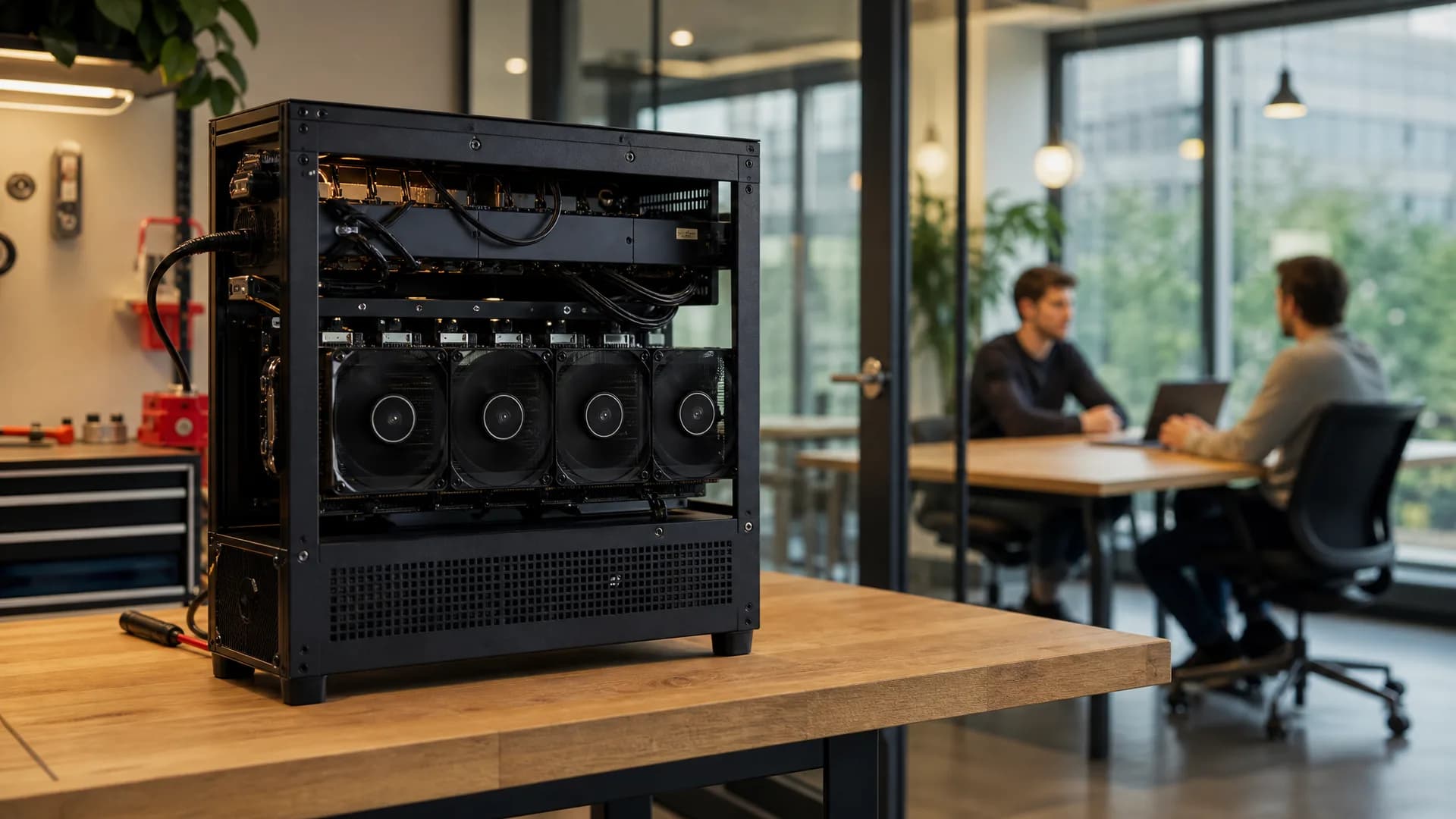 Lokale AI-server met GPU’s op een werkbank voor technische AI-experimenten