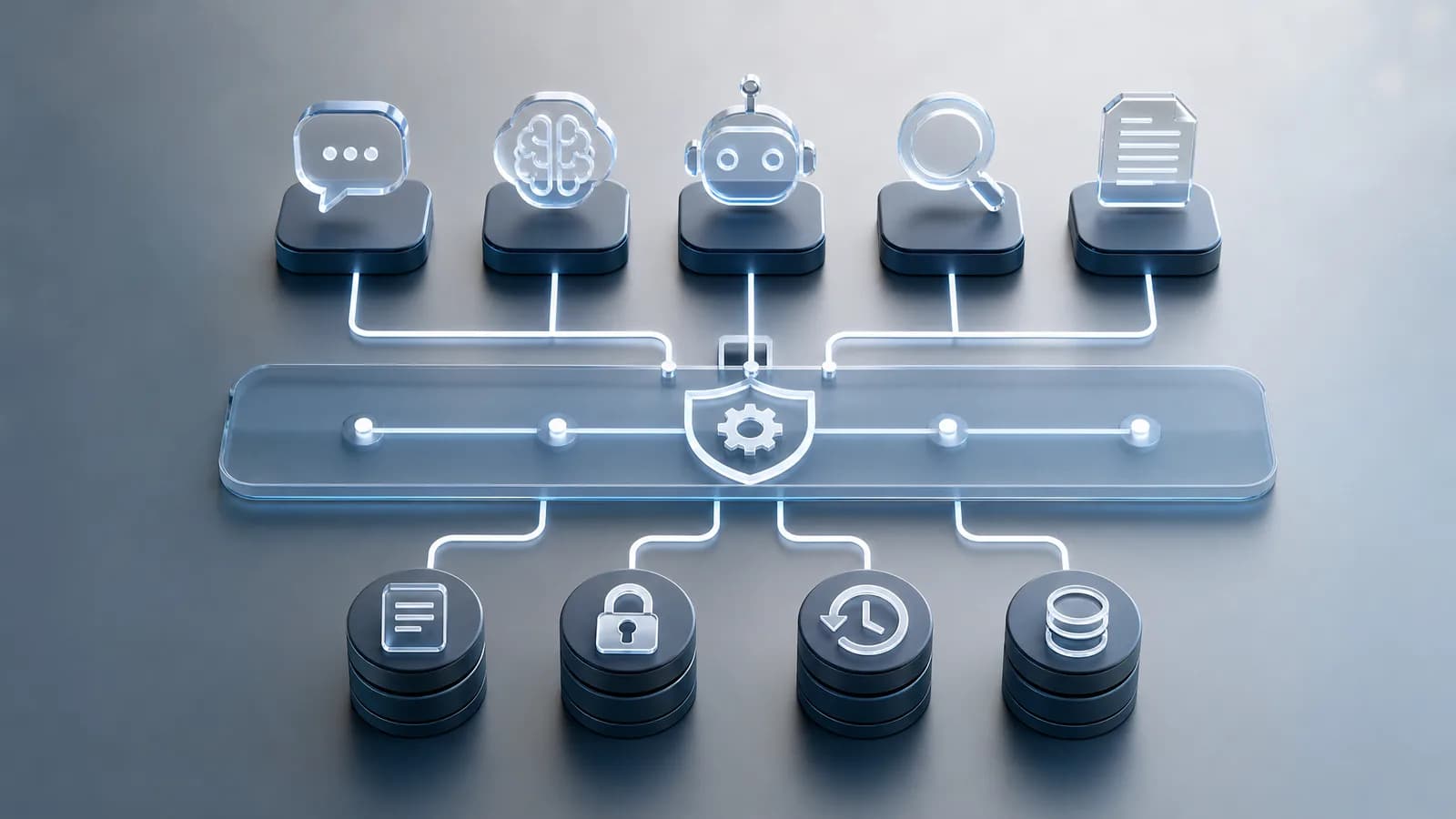 Meerdere AI-agenttools gekoppeld aan één gemeenschappelijke controlelaag.