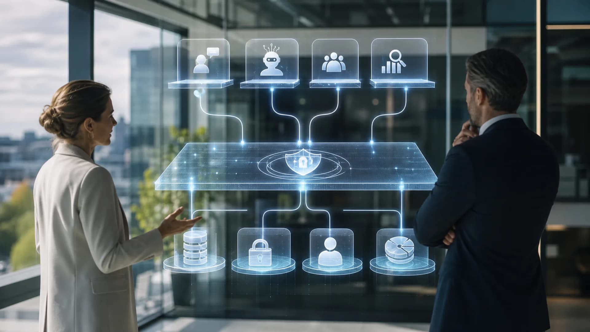Schematische visualisatie van AI-agents boven een centrale controlelaag voor data, rechten en kosten.