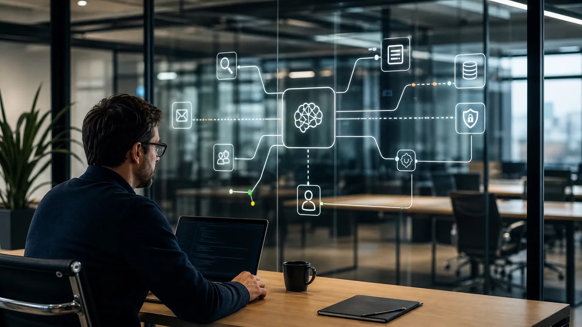 AI-agent met tools, data en beveiligingslagen in een zakelijke omgeving